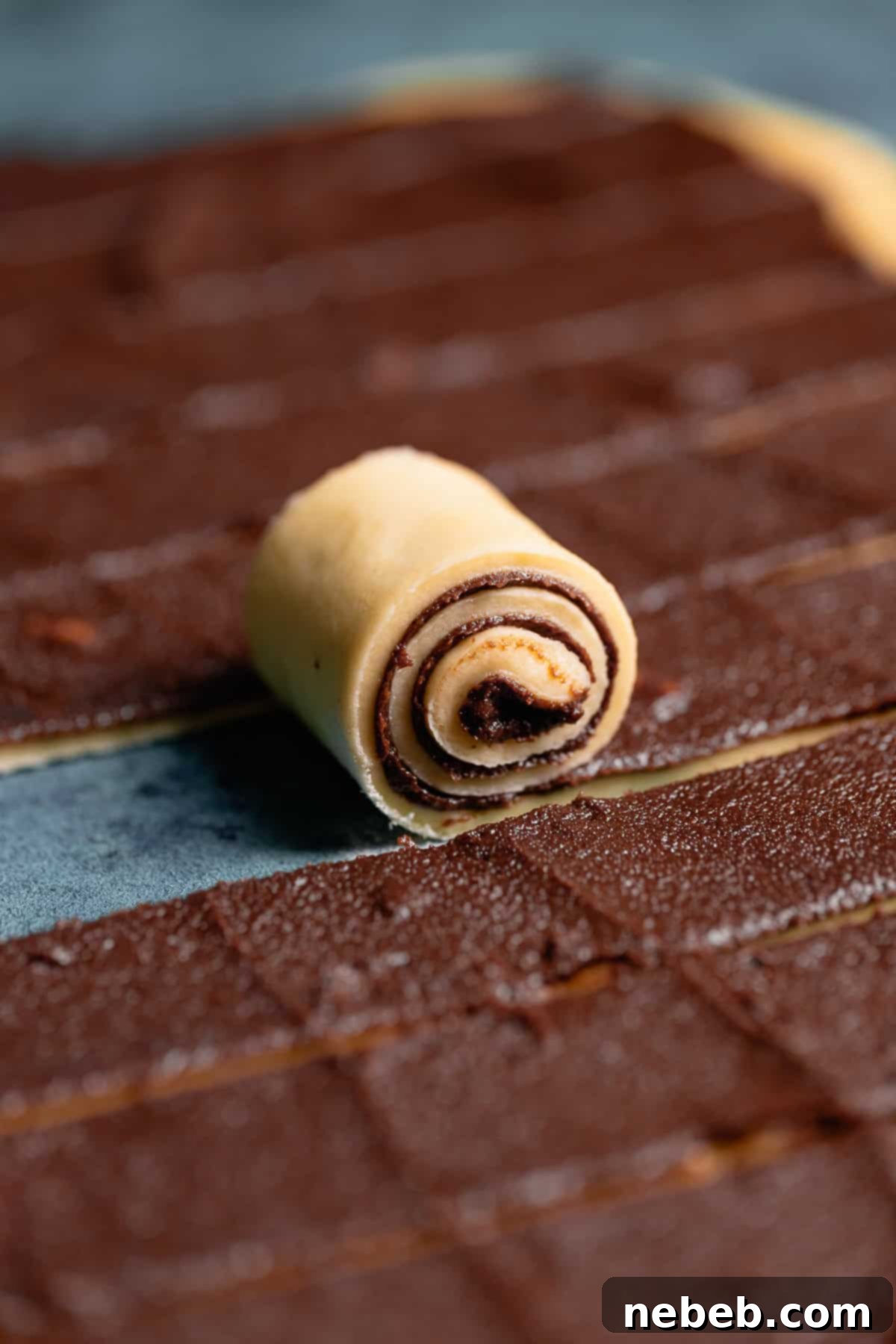 A chocolate roll being carefully rolled up to create a tight spiral.