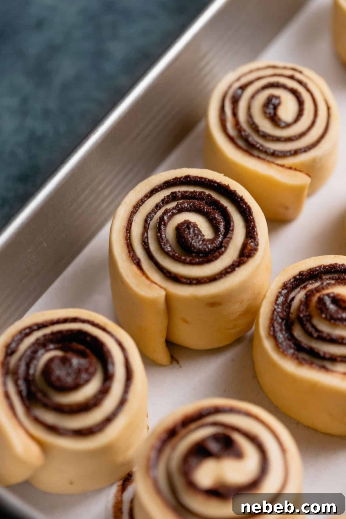 Unbaked chocolate rolls arranged in a baking pan, ready for rising.