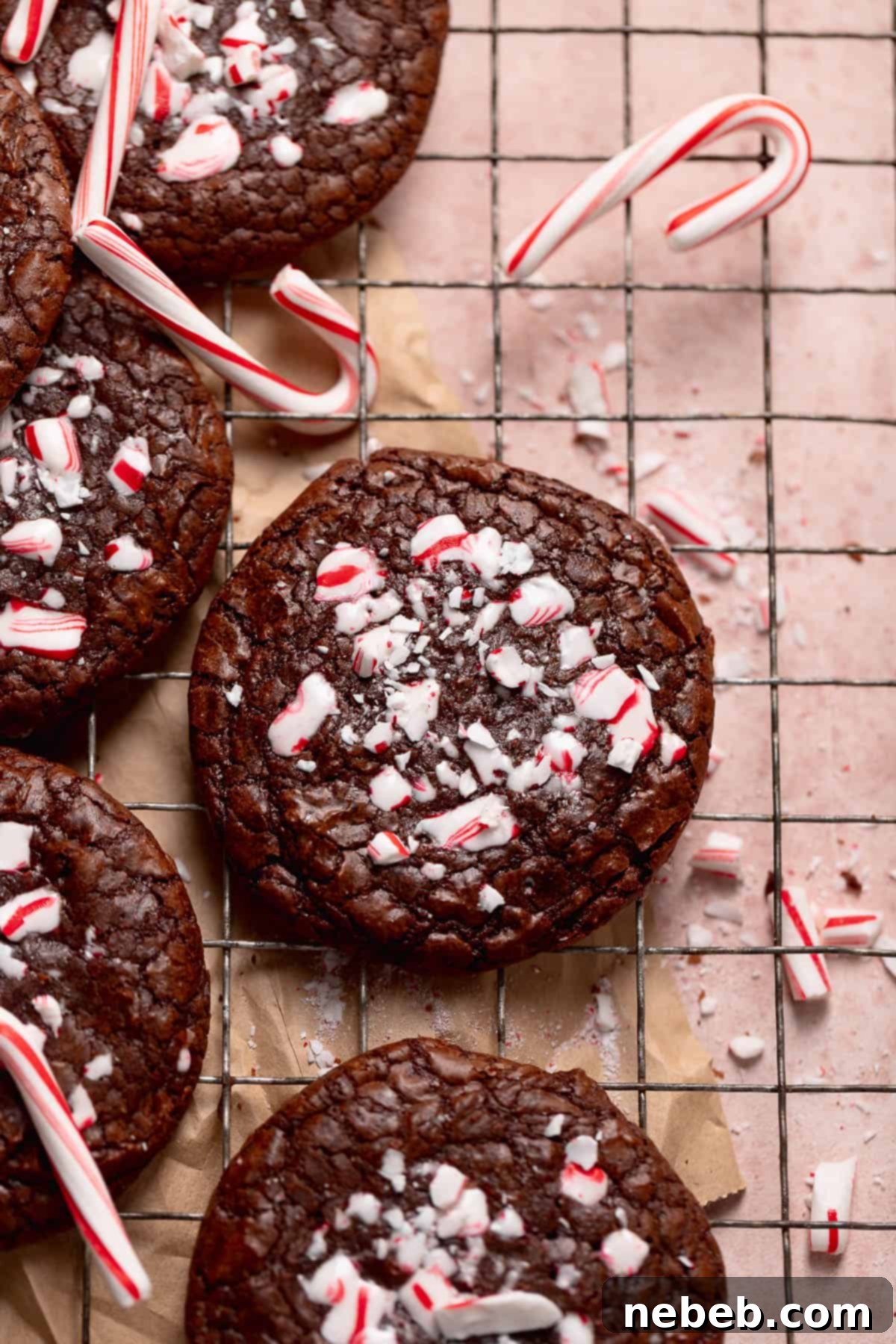 A cooling rack neatly arranged with freshly baked, fudgy double chocolate peppermint cookies, each adorned with a vibrant sprinkle of crushed candy canes.