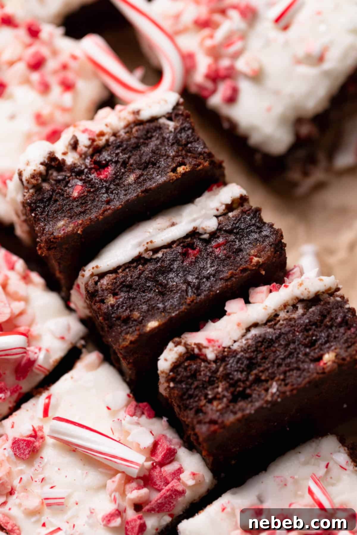 Cool Mint Chocolate Brownies 10 Three decadent peppermint brownies displayed on their sides, highlighting their thick, fudgy chocolate base and generous peppermint frosting layer.