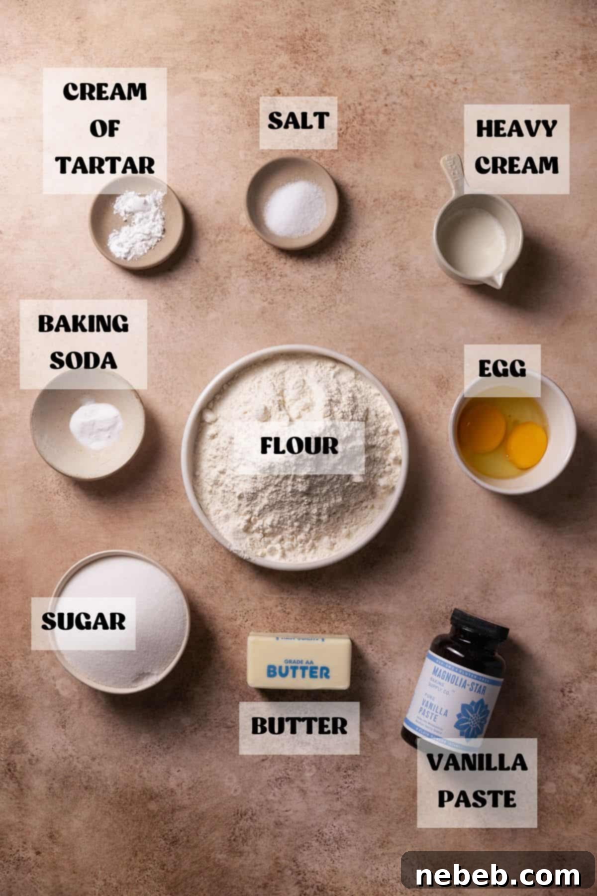 Ingredients needed to make sugar cookies in bowls with labels.