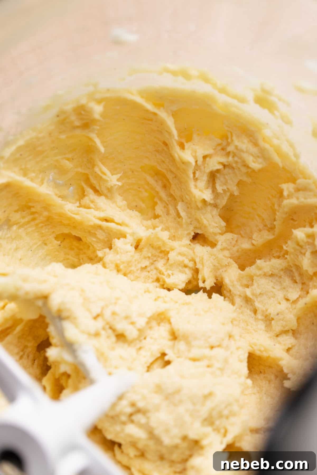 The butter and sugar mixture after mixing in the eggs.