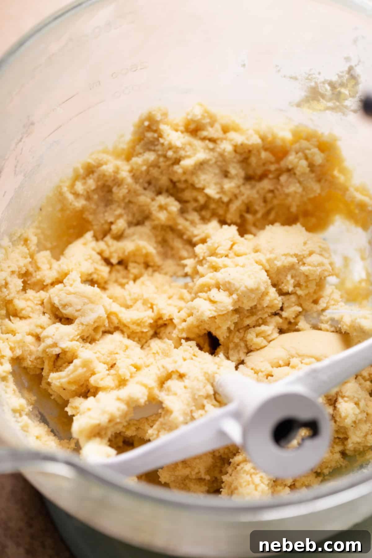 A mixing bowl with the finished sugar cookie dough.