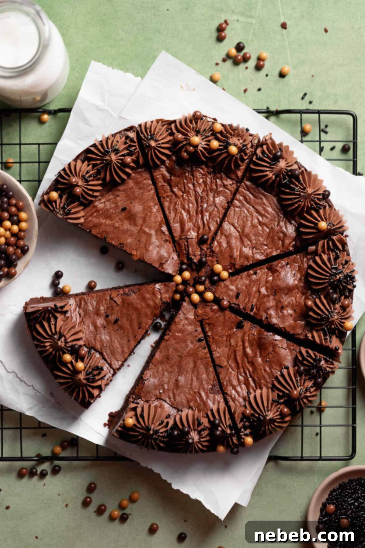 Chocolate brownie cake with milk chocolate frosting border and chocolate sprinkles.