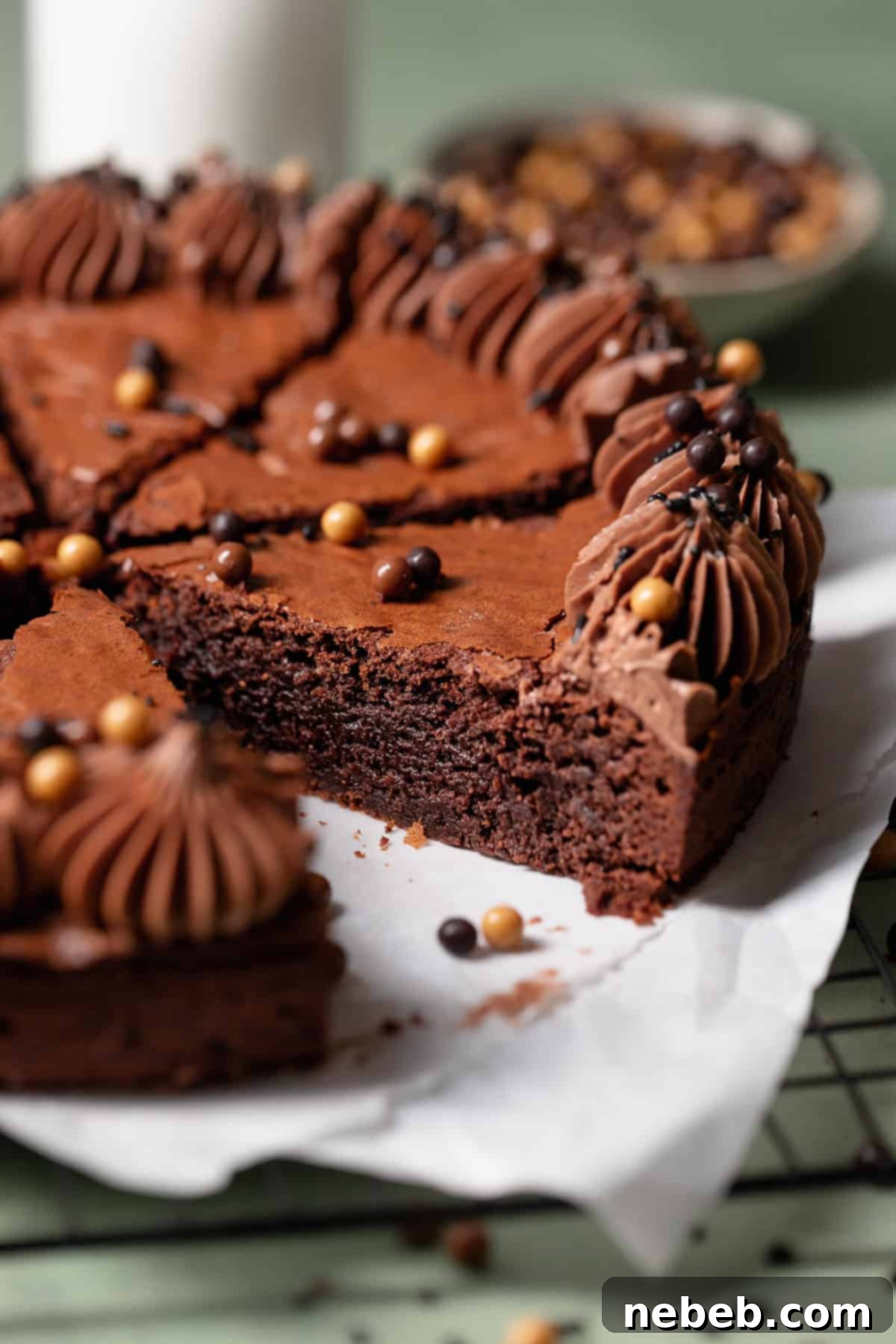 A piece of brownie cake pulled out to show the fudgy texture.