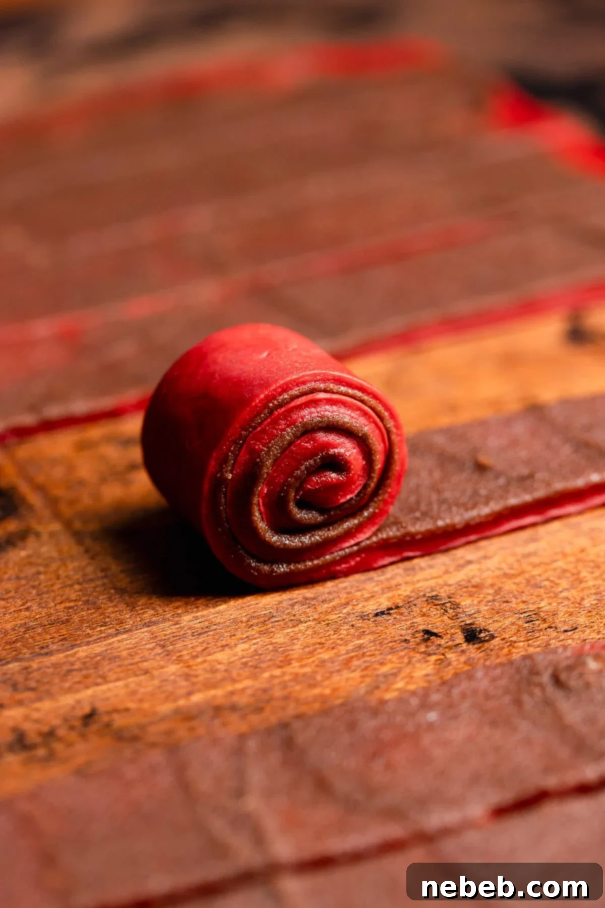A strip of dough being rolled on a wooden surface.