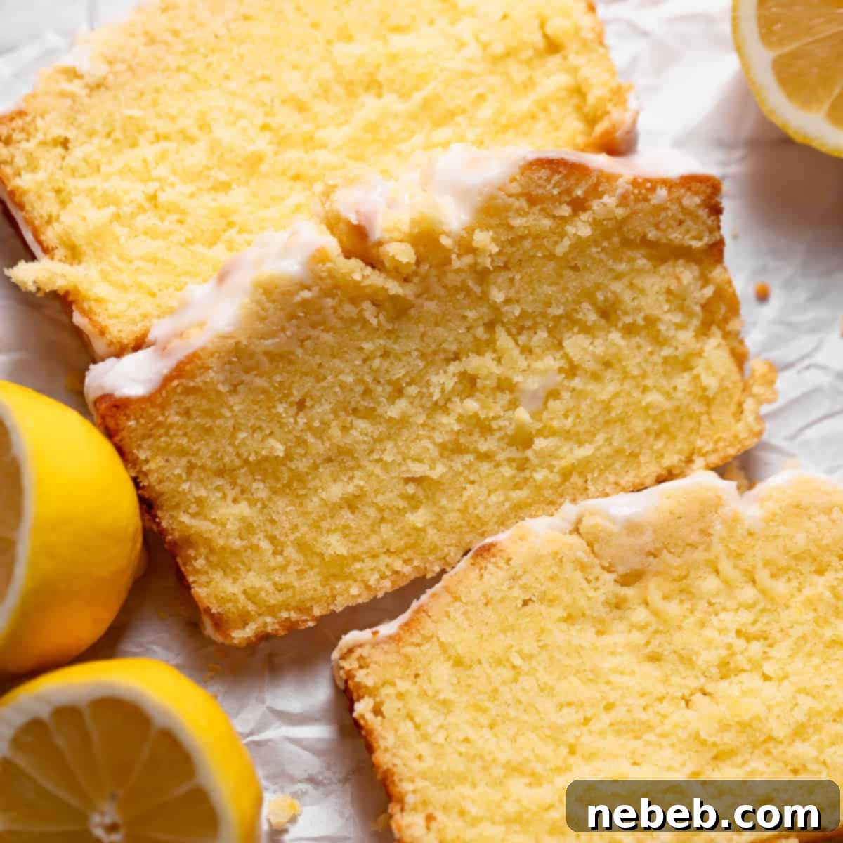 Slices of lemon cake on white parchment paper.