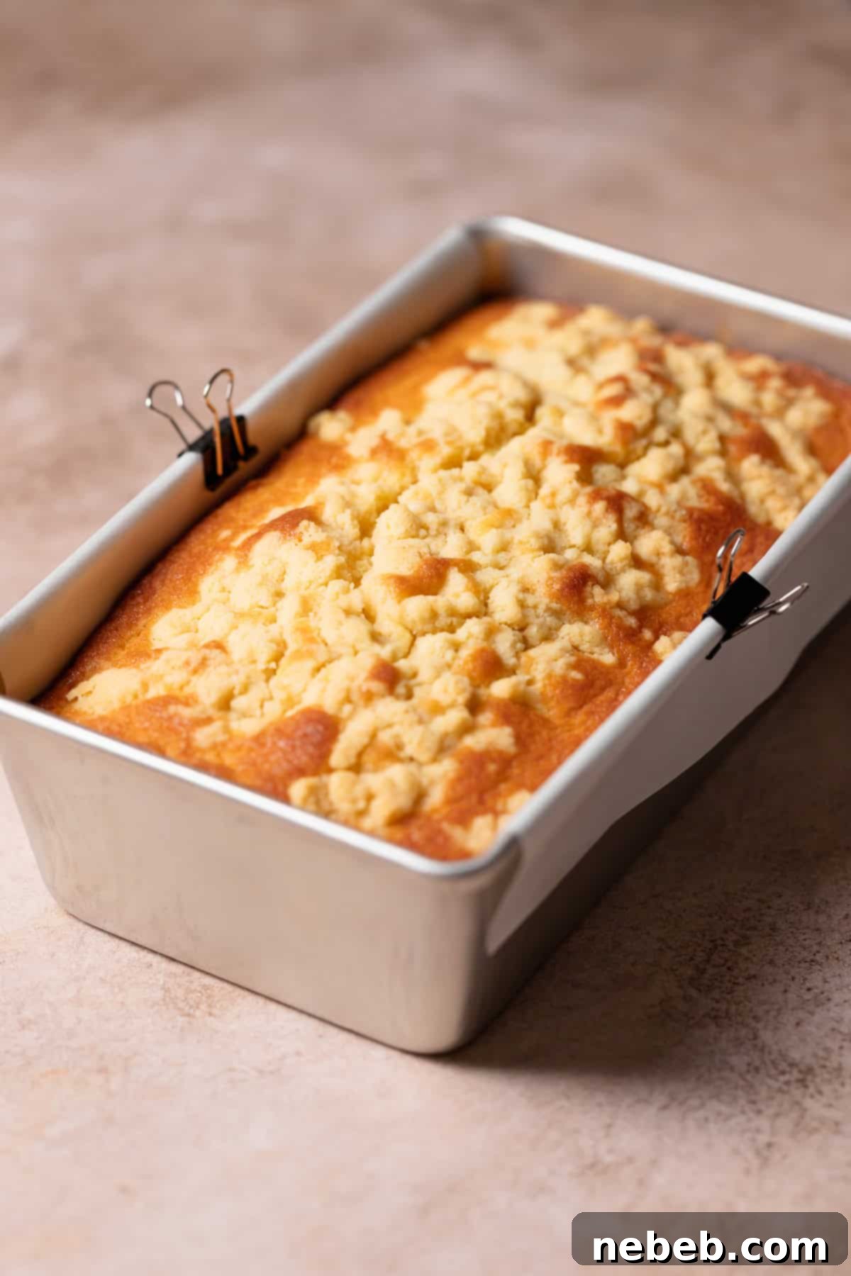 Lemon cake in a loaf pan after cooling.