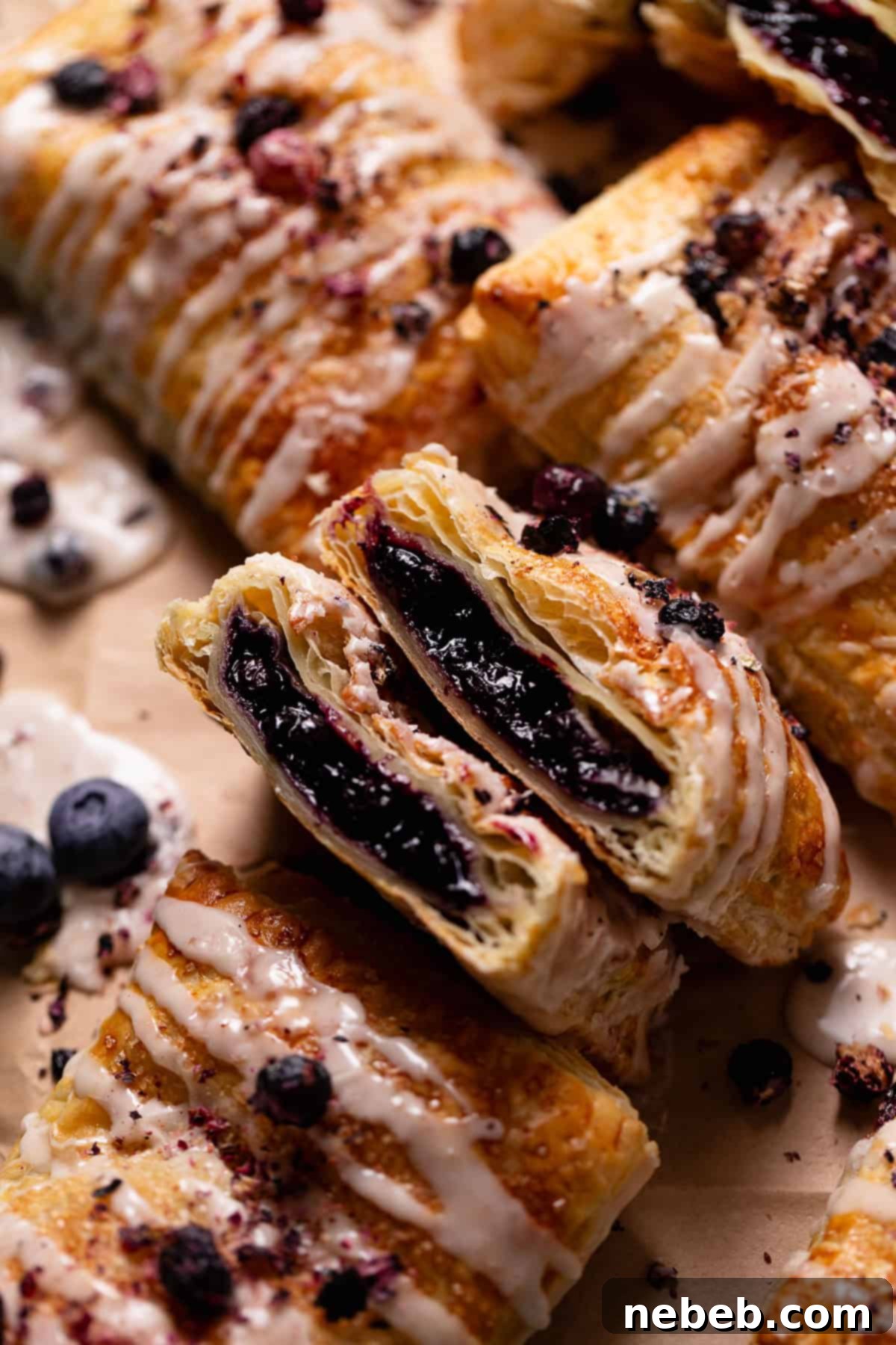 A homemade toaster pastry broken in half to reveal its gooey, warm blueberry jam filling.