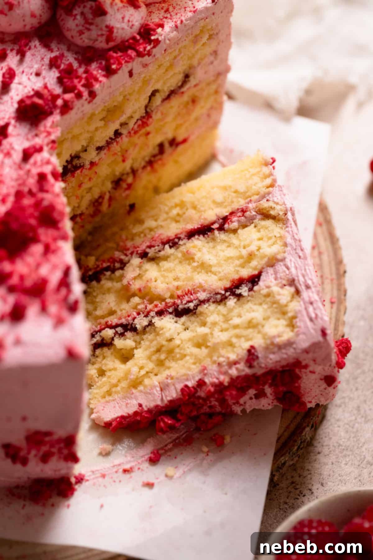 Zesty Lemon Raspberry Delight 2 A perfectly sliced piece of lemon raspberry cake, revealing its moist layers, raspberry filling, and creamy frosting, resting on a rustic wooden cake stand.