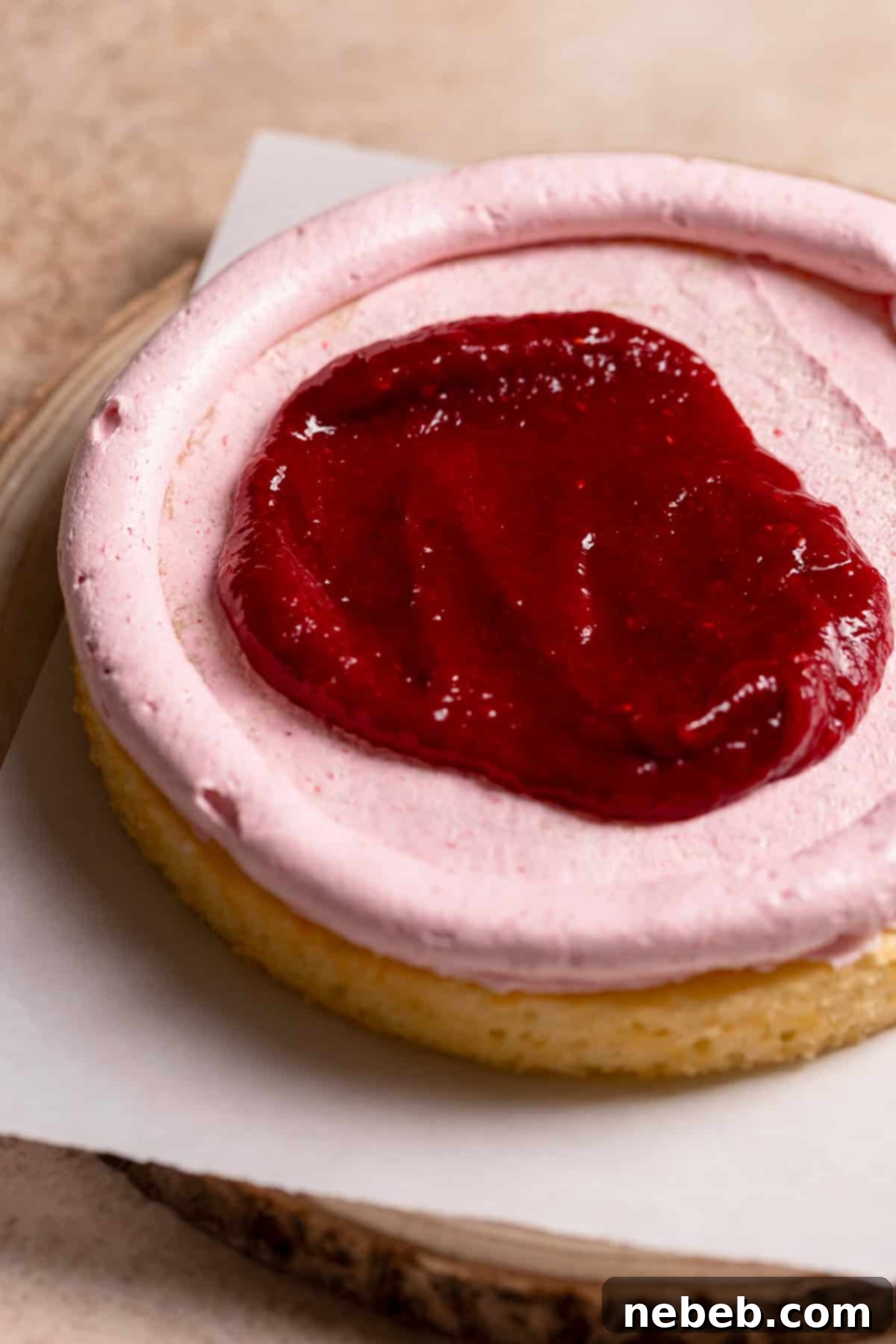Zesty Lemon Raspberry Delight 11 A cake layer on a serving board, with a piped buttercream border containing a generous spread of raspberry filling in the center.