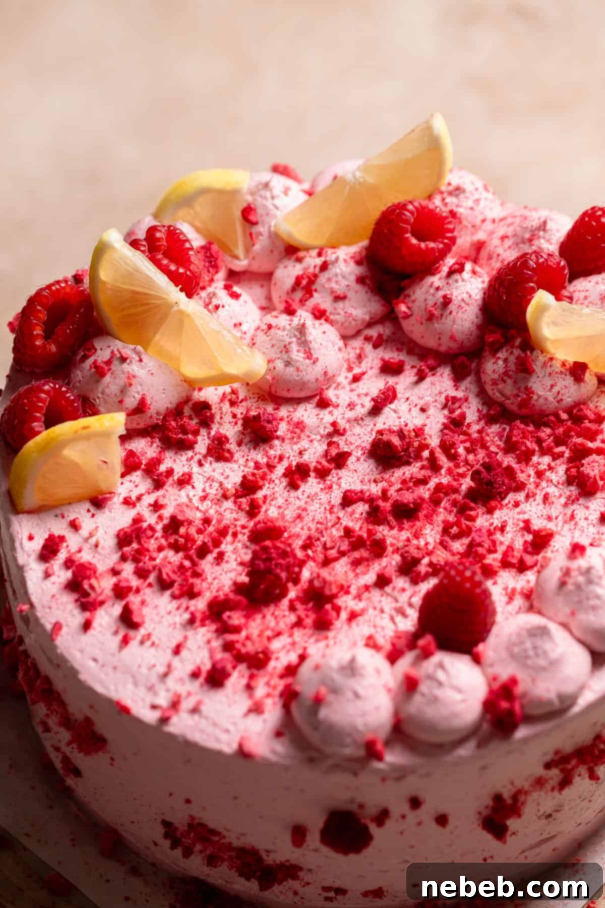 Zesty Lemon Raspberry Delight 12 The fully decorated lemon raspberry cake, adorned with fresh lemon slices, bright raspberries, and delicate freeze-dried raspberries on top, presented beautifully.