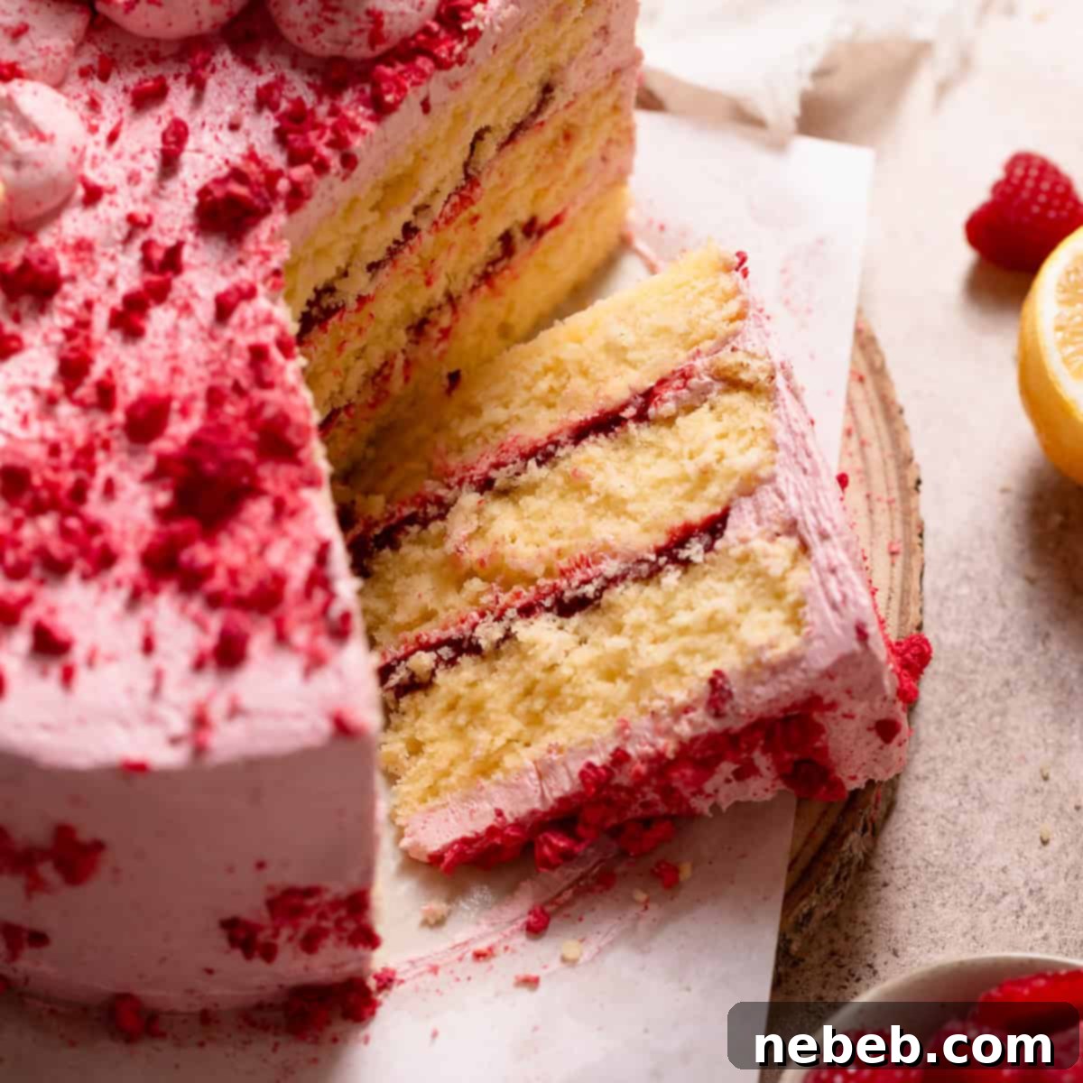 Zesty Lemon Raspberry Delight 14 A beautiful cross-section of moist lemon cake with luscious raspberry filling, showcasing the perfect layering.
