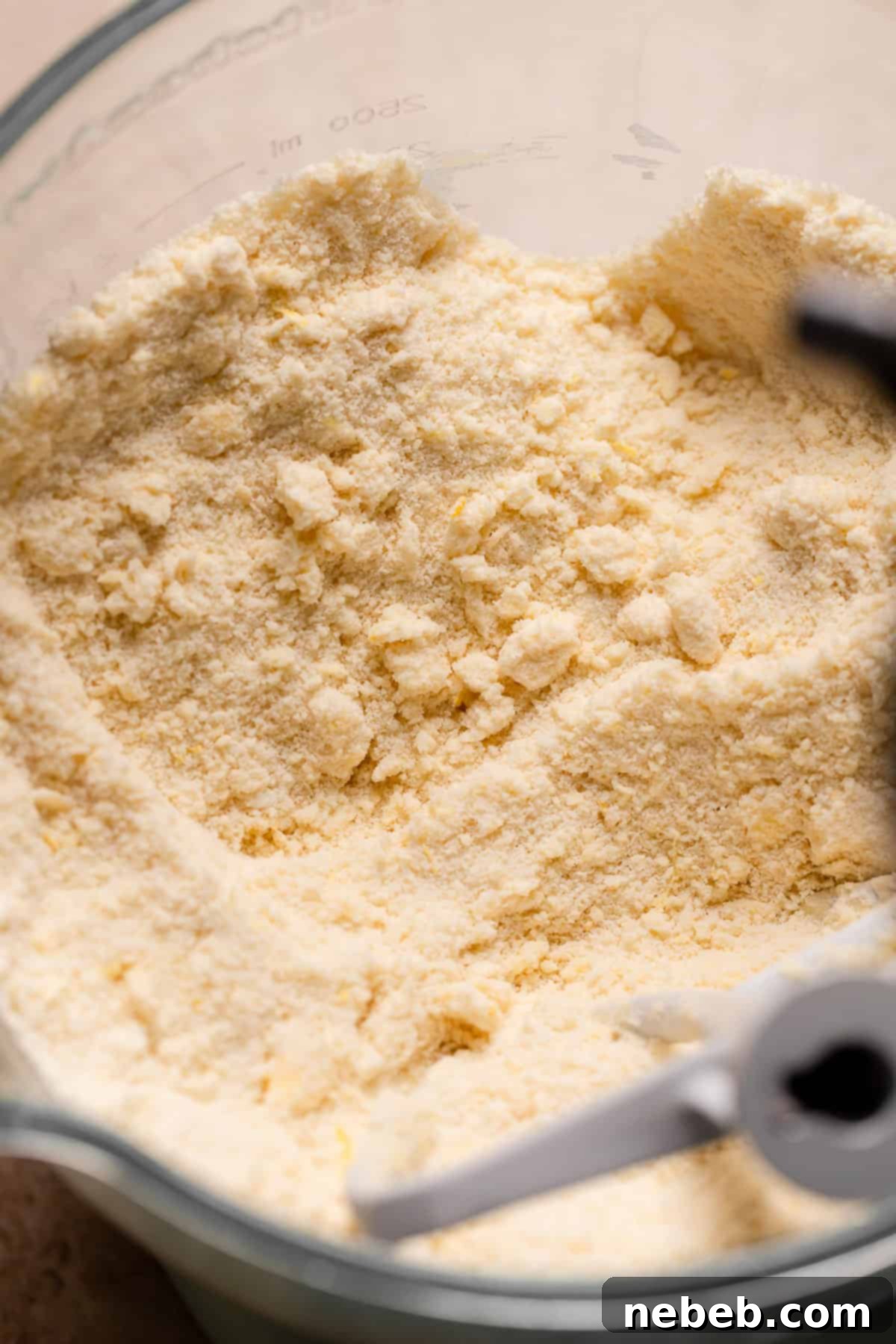Zesty Lemon Raspberry Delight 5 A mixing bowl containing a sandy mixture of butter and flour, showing the texture created after initial mixing.