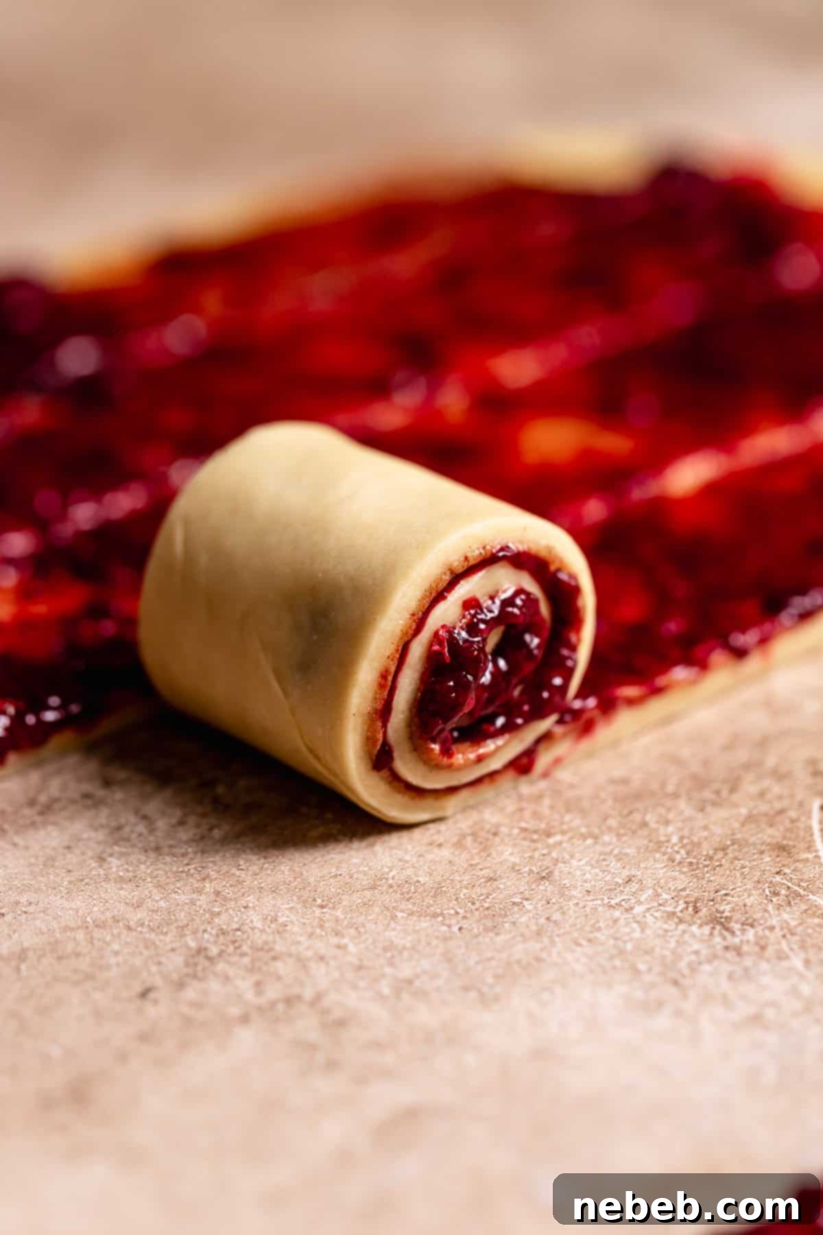 A strip of dough being carefully rolled up into a spiral for a cinnamon roll.
