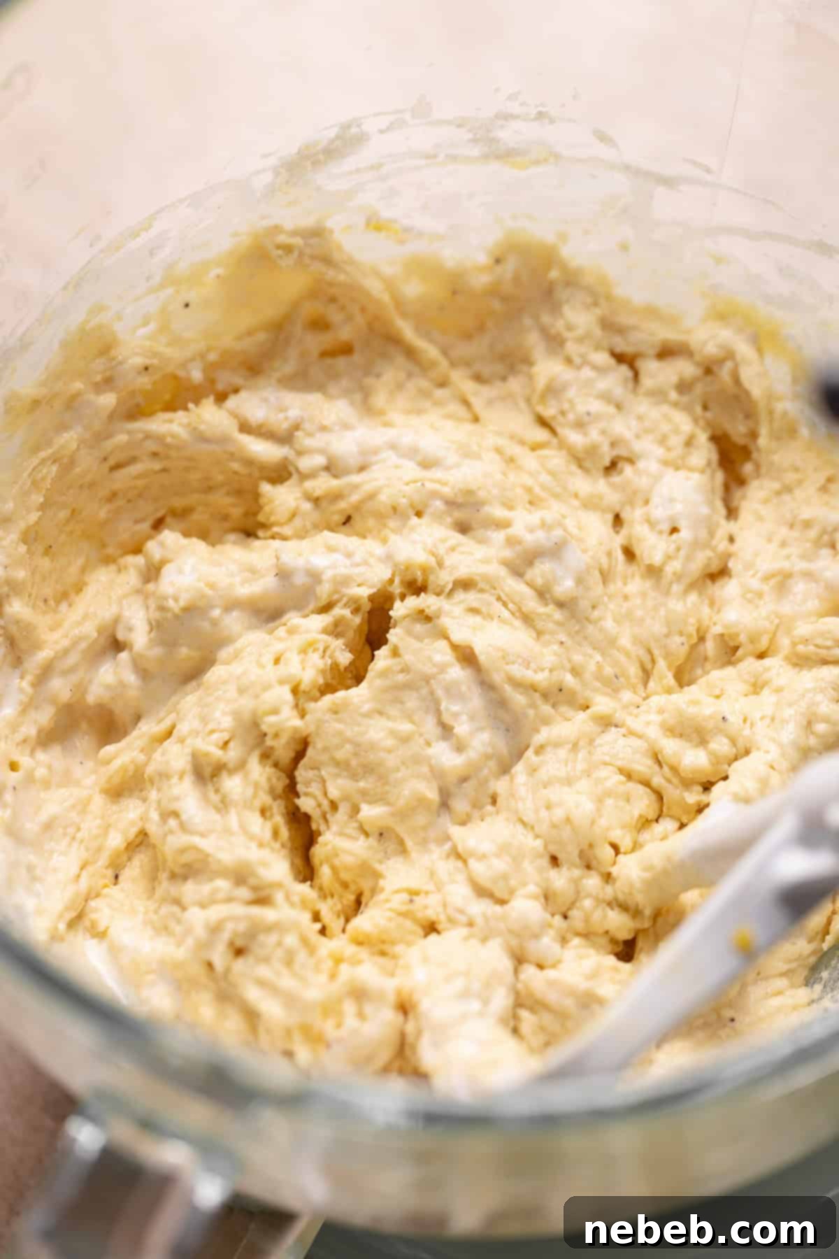The loaf batter in a mixing bowl before adding the blueberries.