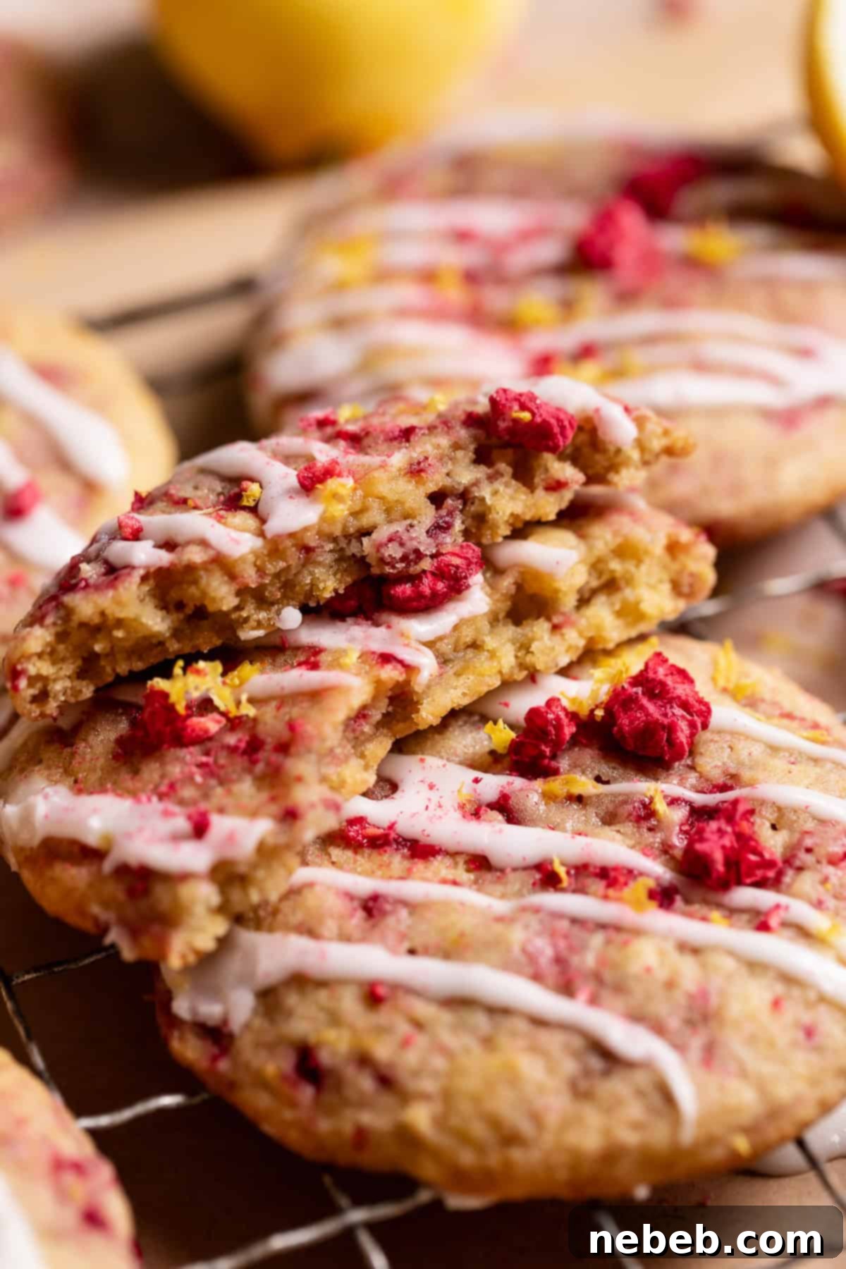 A raspberry cookie broken in half to show the soft gooey centers.