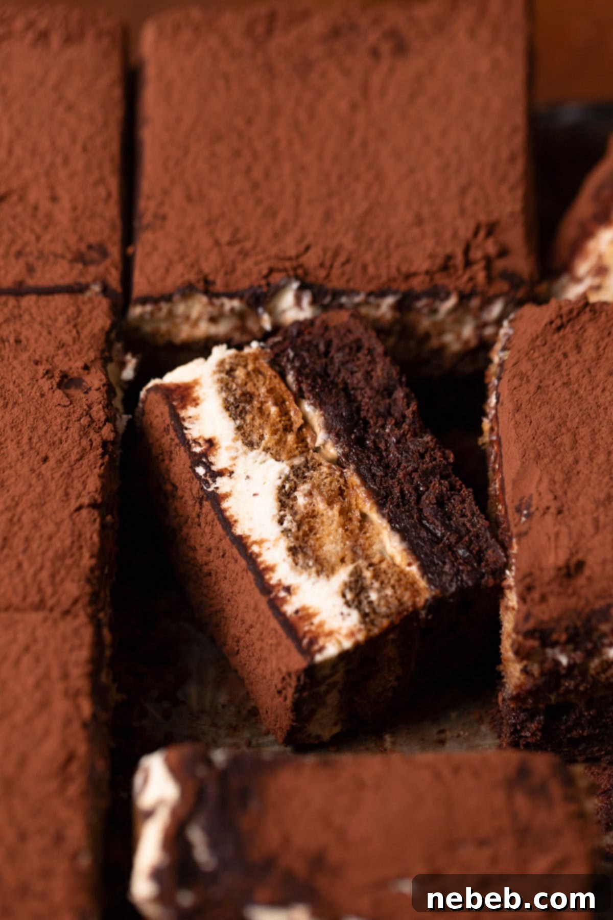 Detailed cross-section of a Fudgy Espresso Tiramisu Brownie, showcasing distinct layers of rich chocolate brownie, espresso-soaked ladyfingers, and creamy mascarpone filling, dusted with cocoa powder.