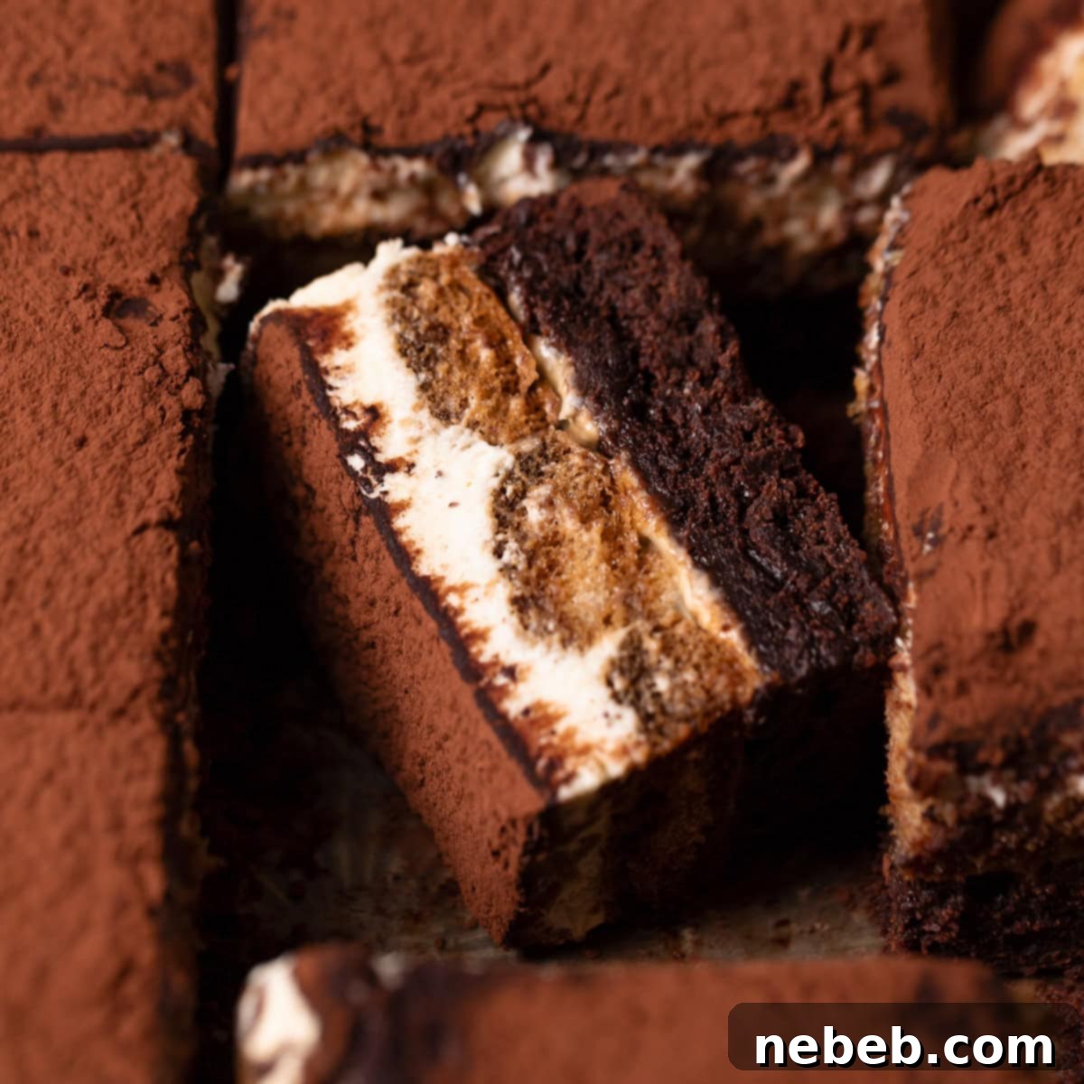 Tiramisu brownie on its side to show the layers of ladyfingers, mascarpone, and brownie.