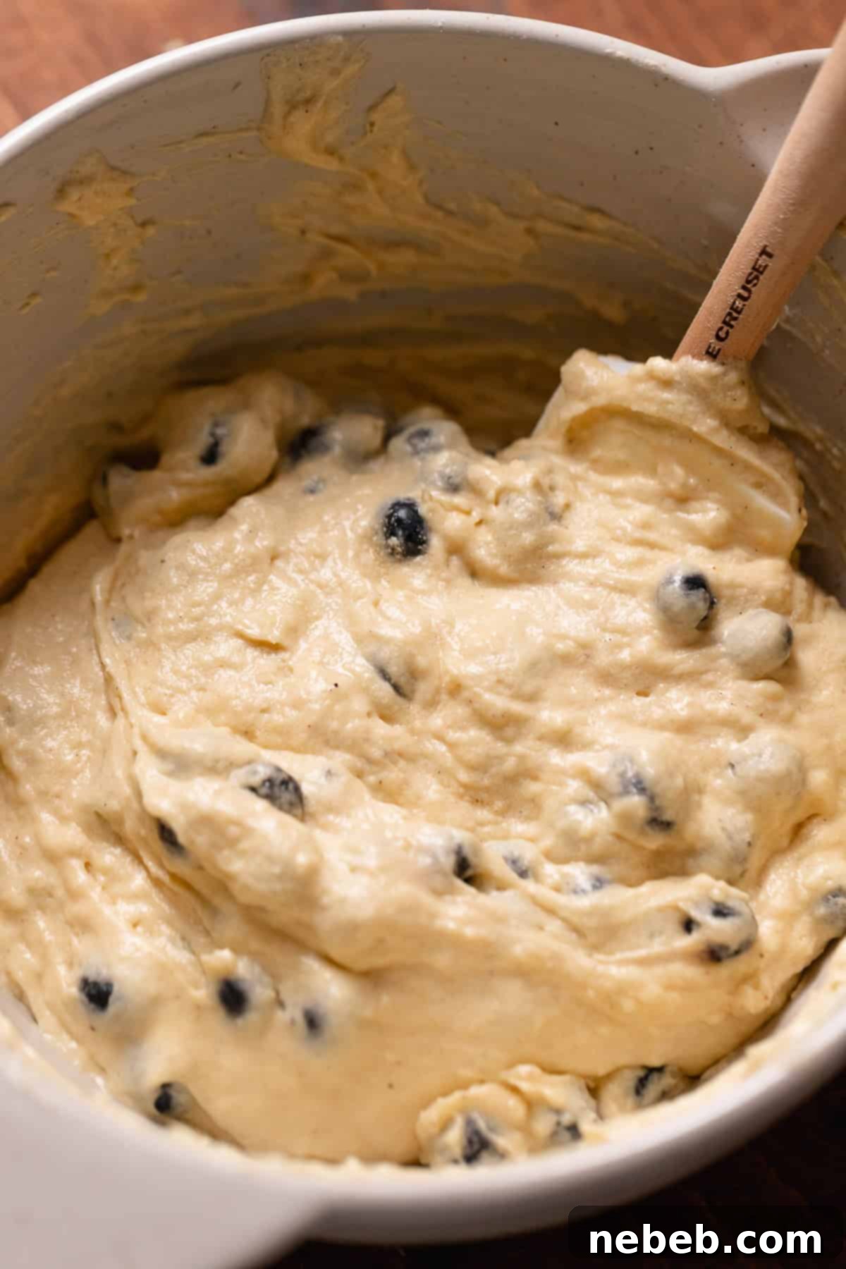 Luscious Blueberry Sour Cream Coffee Cake 5 Blueberry coffee cake batter in a mixing bowl.