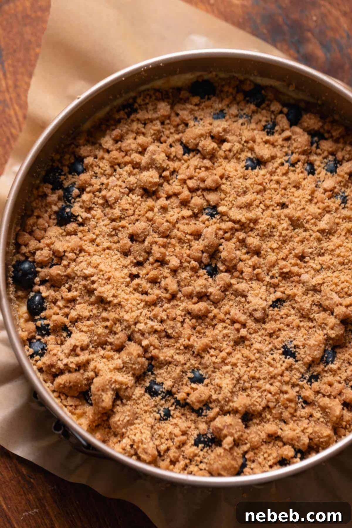 Luscious Blueberry Sour Cream Coffee Cake 8 Overhead shot of the coffee cake with cinnamon streusel on top.