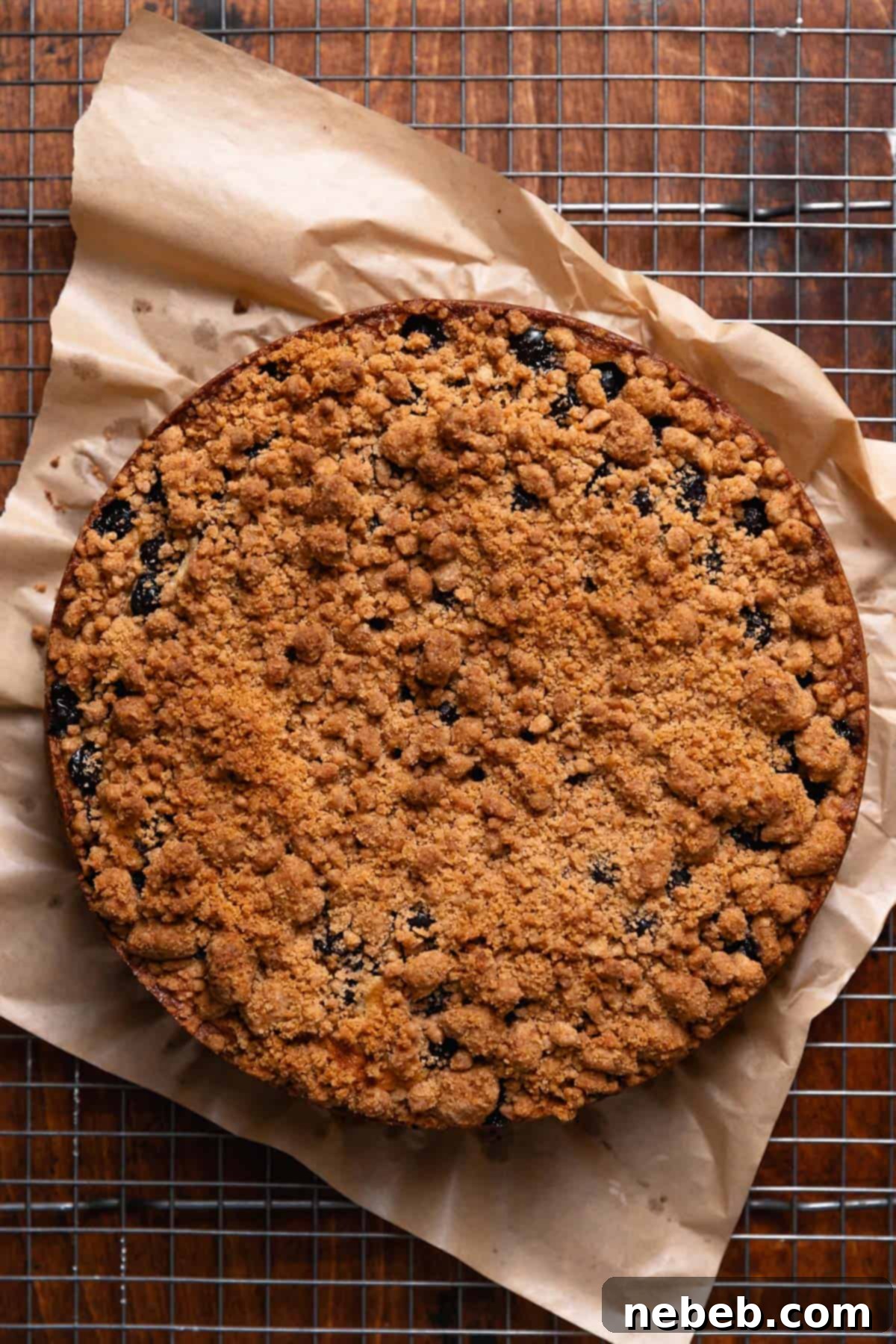 Luscious Blueberry Sour Cream Coffee Cake 9 Blueberry coffee cake cooling on a wire rack.