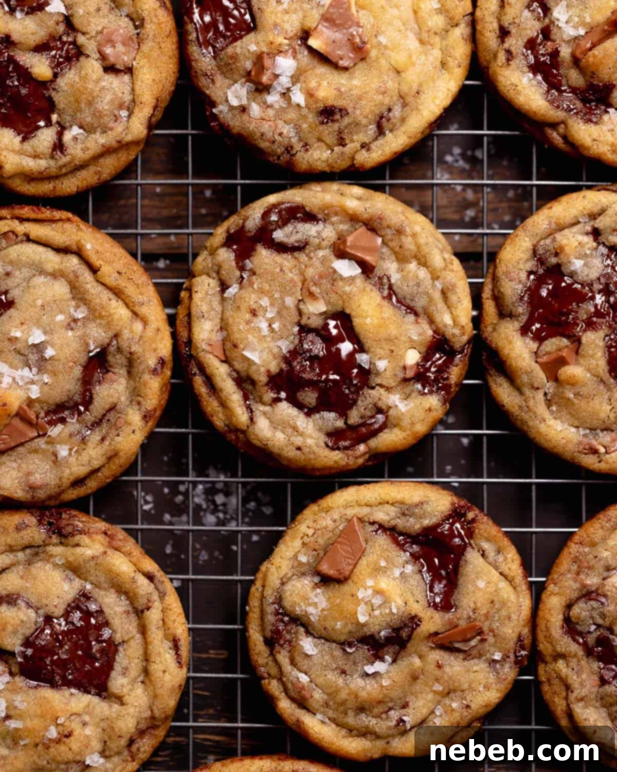 Brown butter chocolate cookies on a wire rack sprinkled with flaky sea salt.