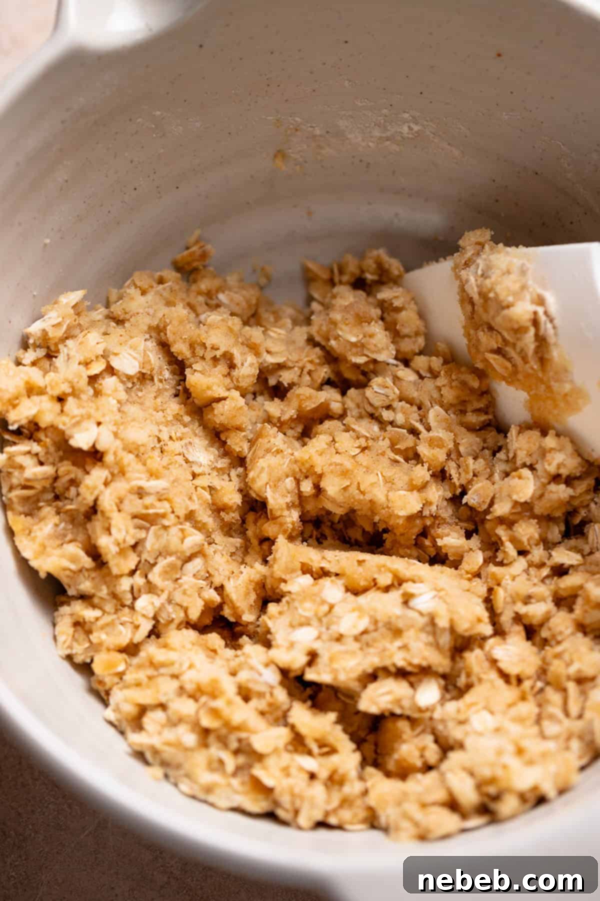 Brown sugar oat crumble dough in a mixing bowl, ready for pressing.