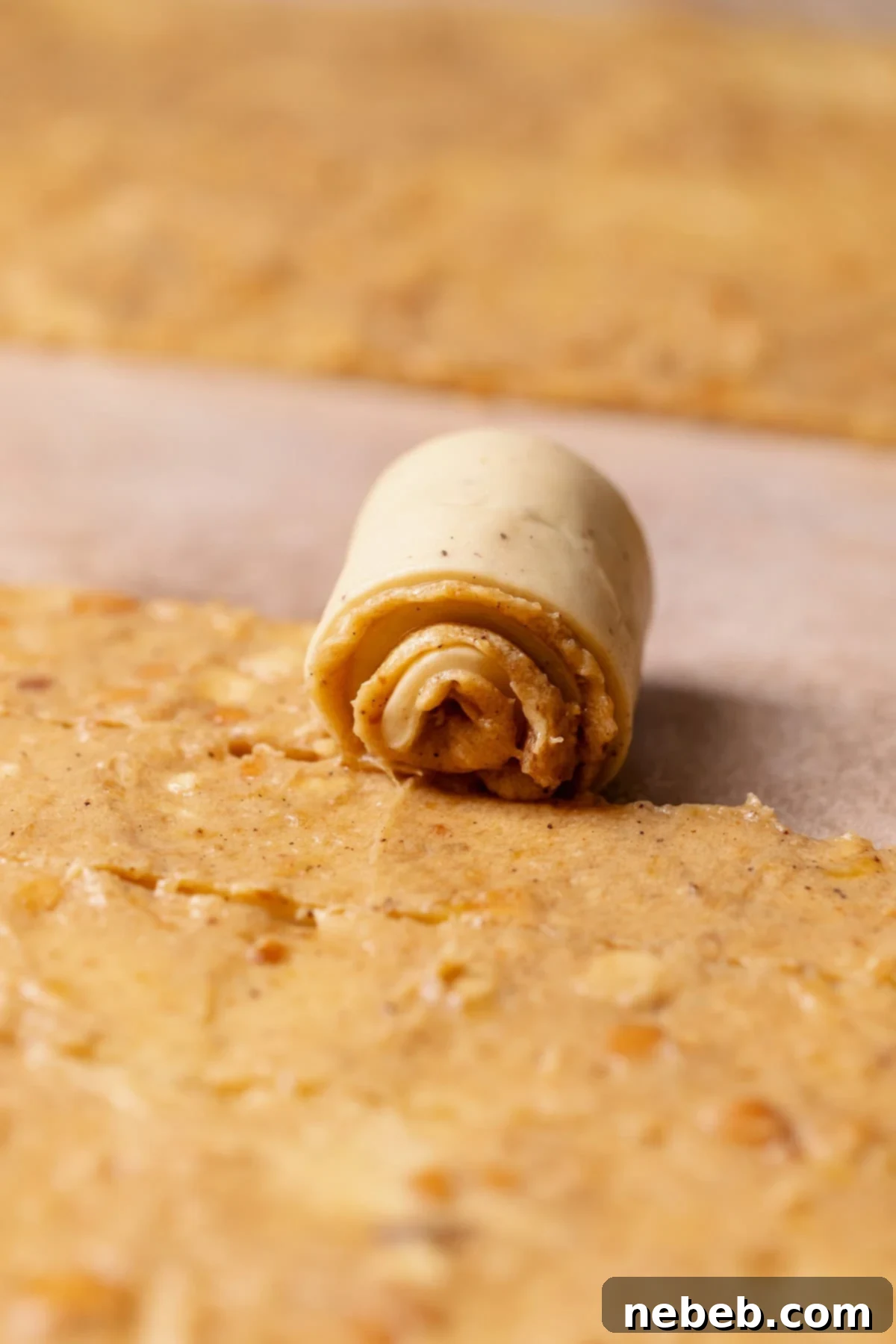 Decadent Banana Pudding Cinnamon Rolls 9 A banana pudding roll being carefully rolled up into a spiral.