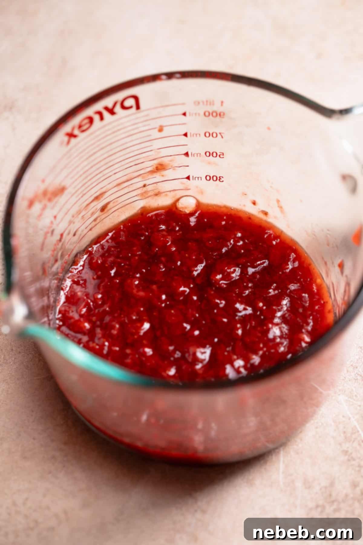 Sweet strawberry jam filling in a clear glass bowl, glistening and thick.