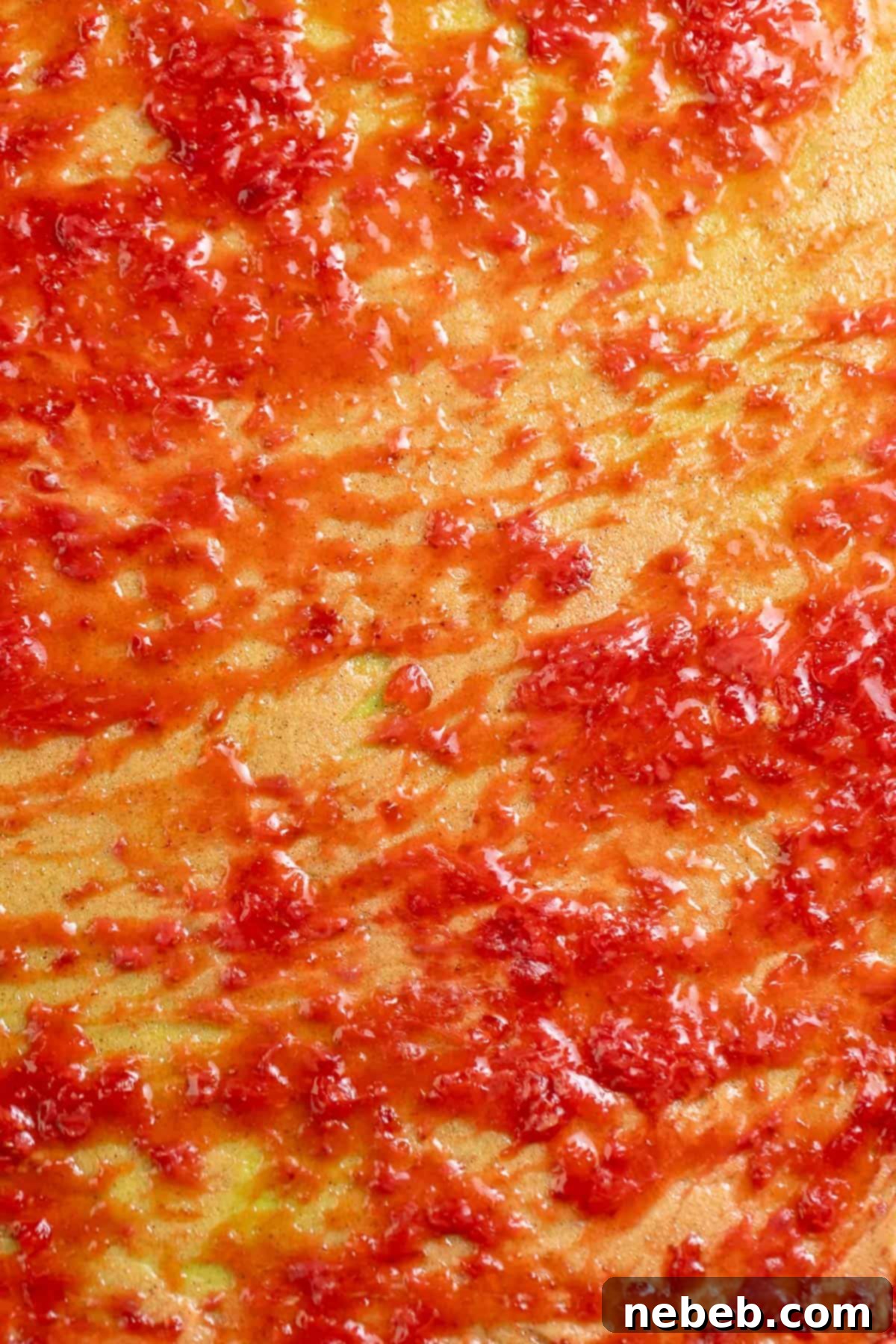 Strawberry jam and cinnamon sugar spread over the vibrant green matcha dough rectangle.