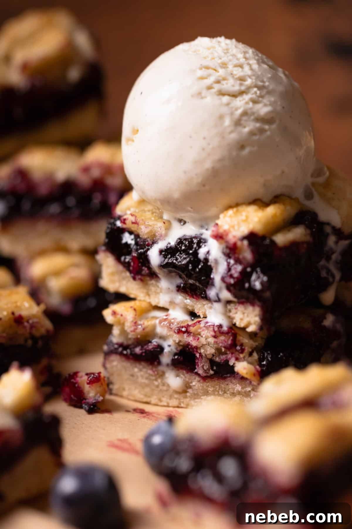 Two blueberry pie bars topped with a scoop of vanilla ice cream, ready to be enjoyed.