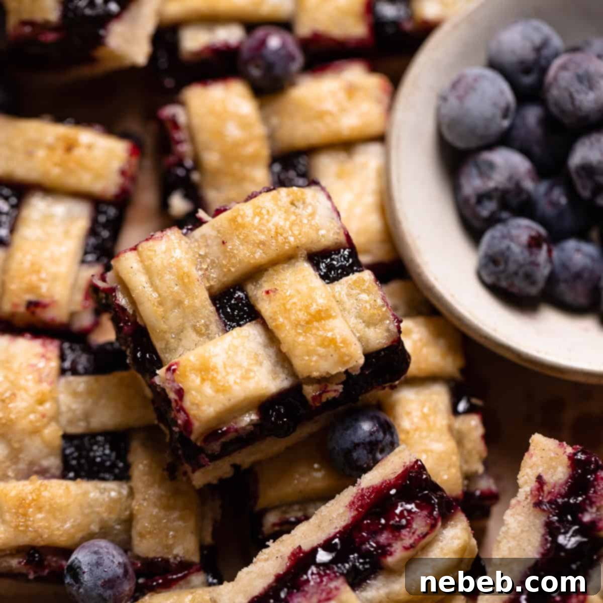 Blueberry bars with lattice pie crust top, sliced into squares.