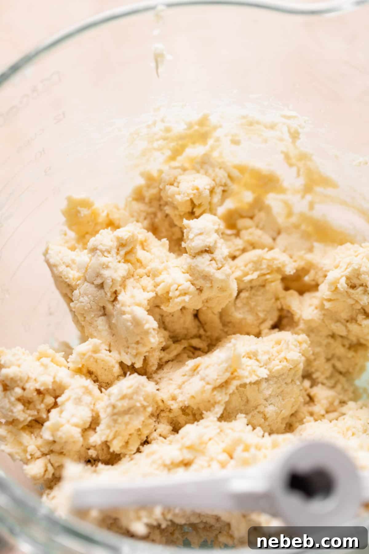 Pie dough in a mixer bowl, starting to clump together.