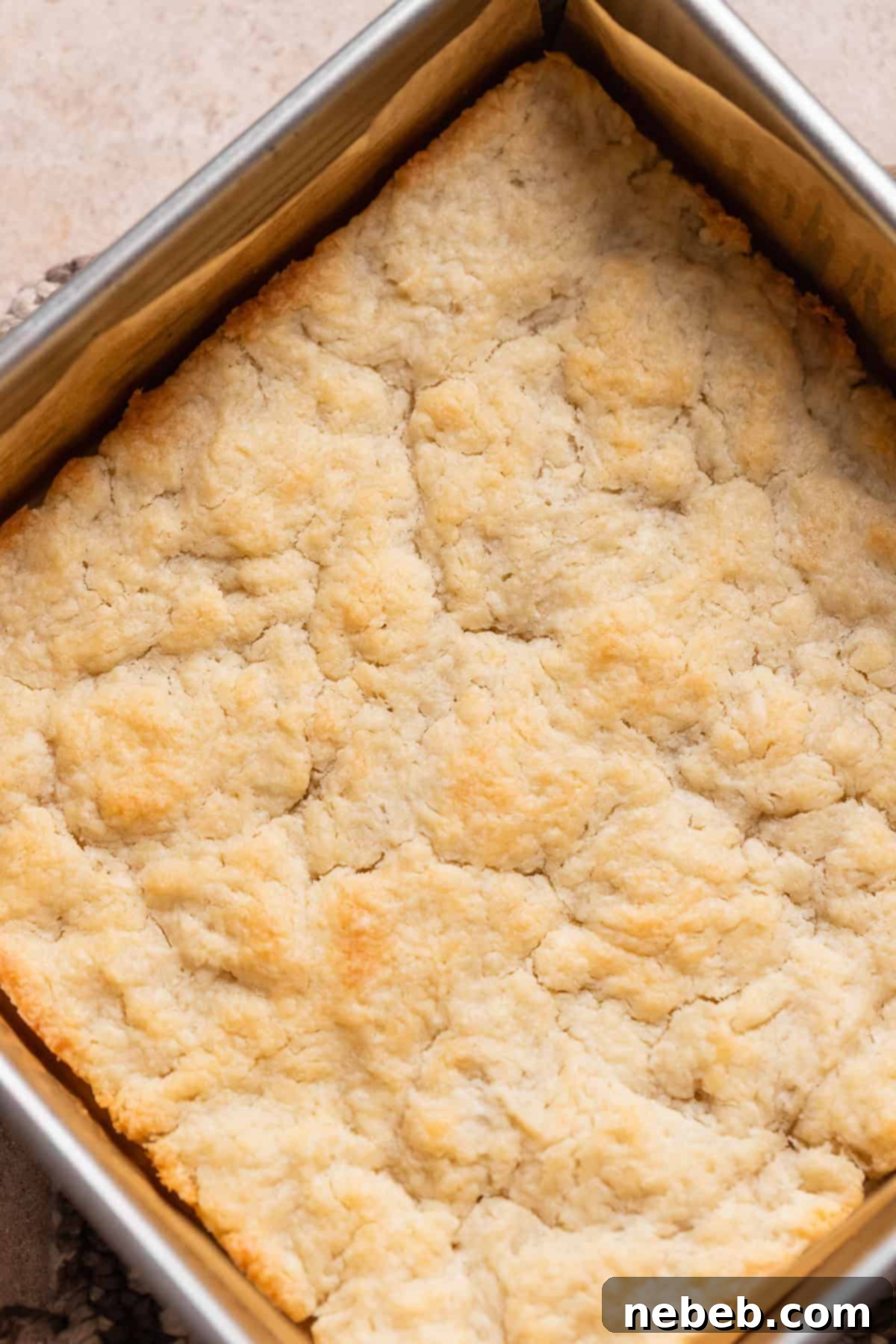The baked pie dough crust with golden brown edges in a baking pan, ready for filling.