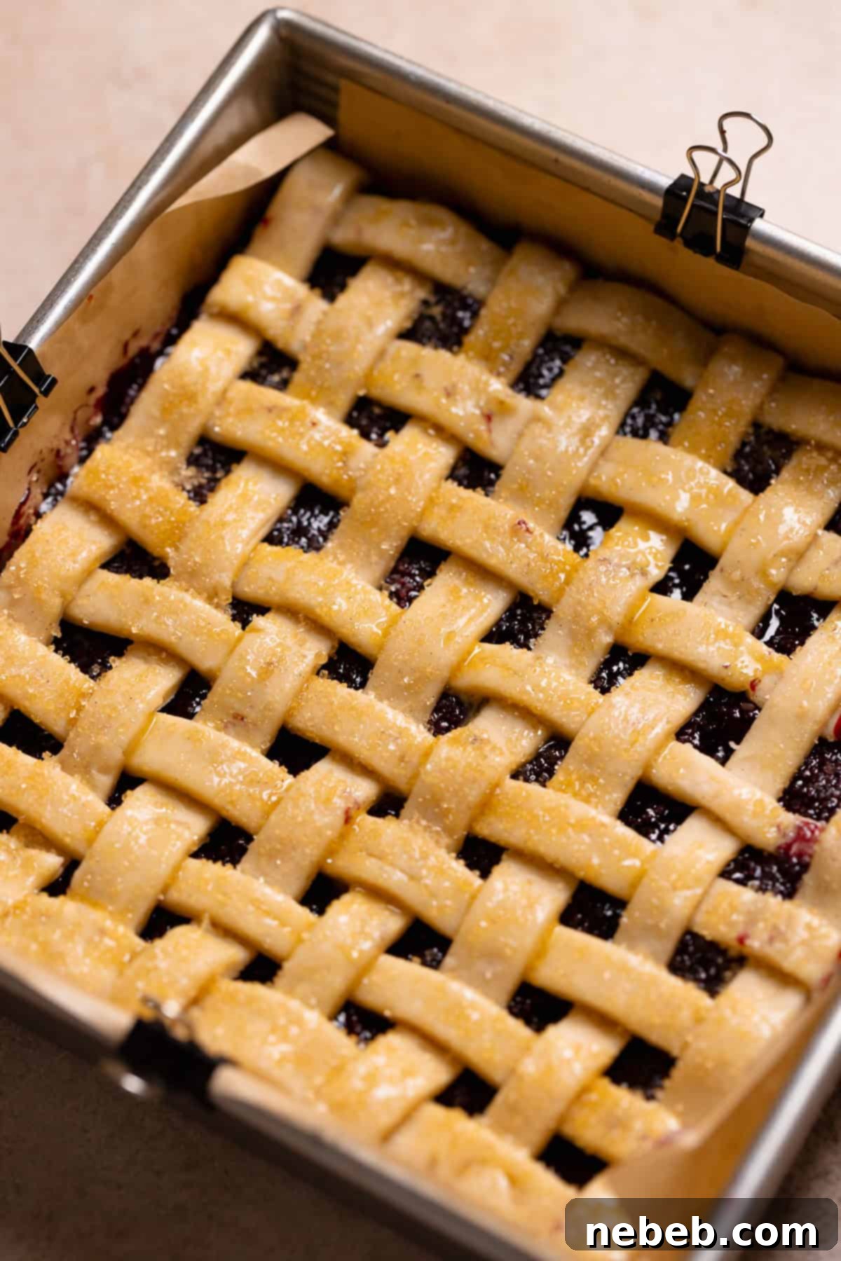 Blueberry bars with pie filling and lattice top in a baking pan before baking.