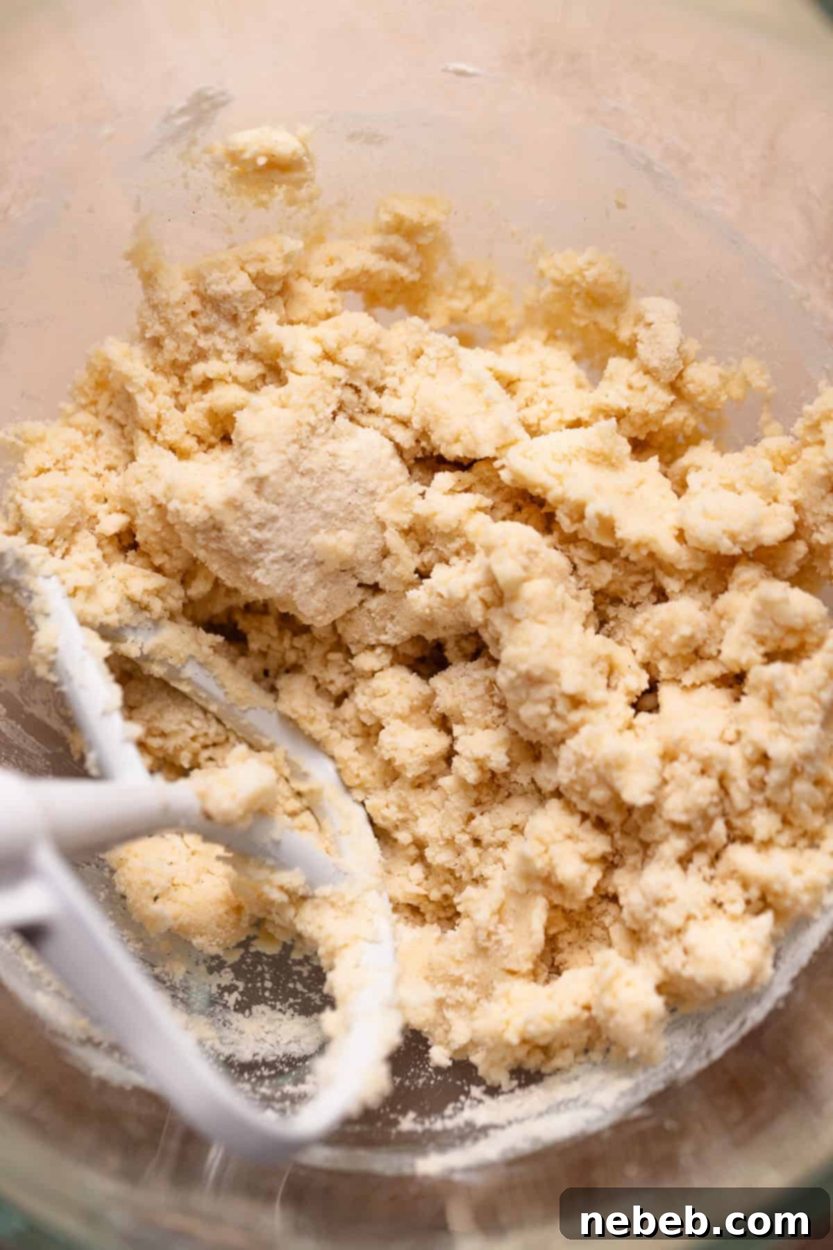 Shortbread dough in a glass mixer bowl, showing the crumbly, light consistency before pressing.