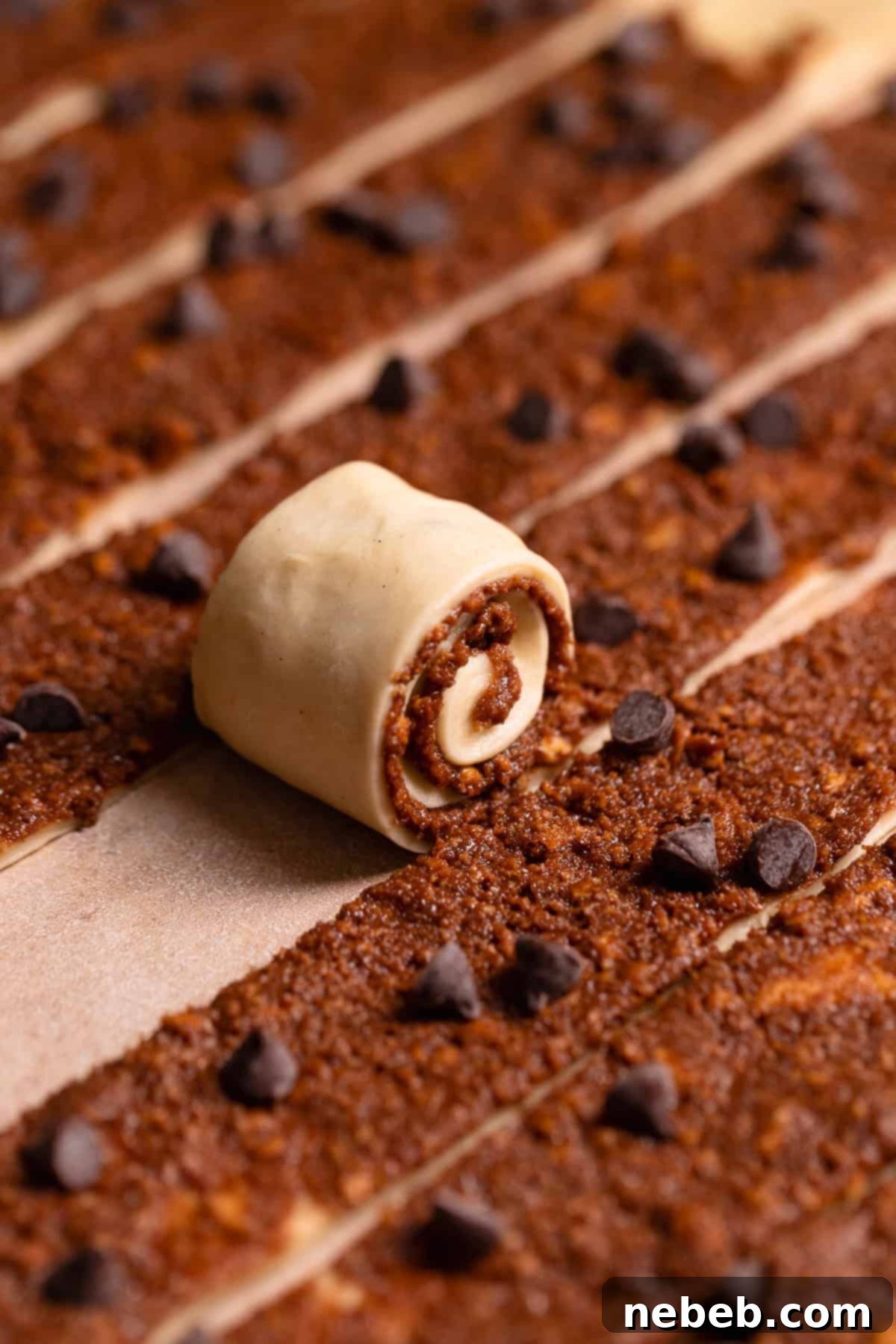 A strip of dough being rolled up into a cinnamon roll, showcasing the technique.