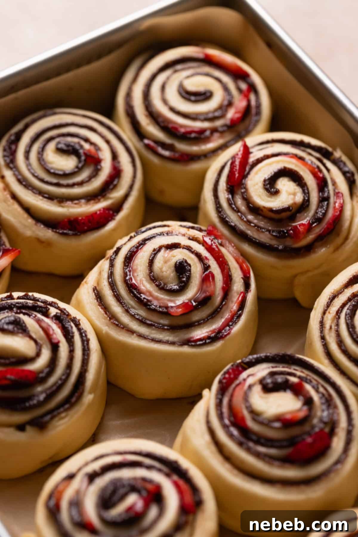 Neapolitan cinnamon rolls in a pan, beautifully doubled in size after proofing, ready for baking.
