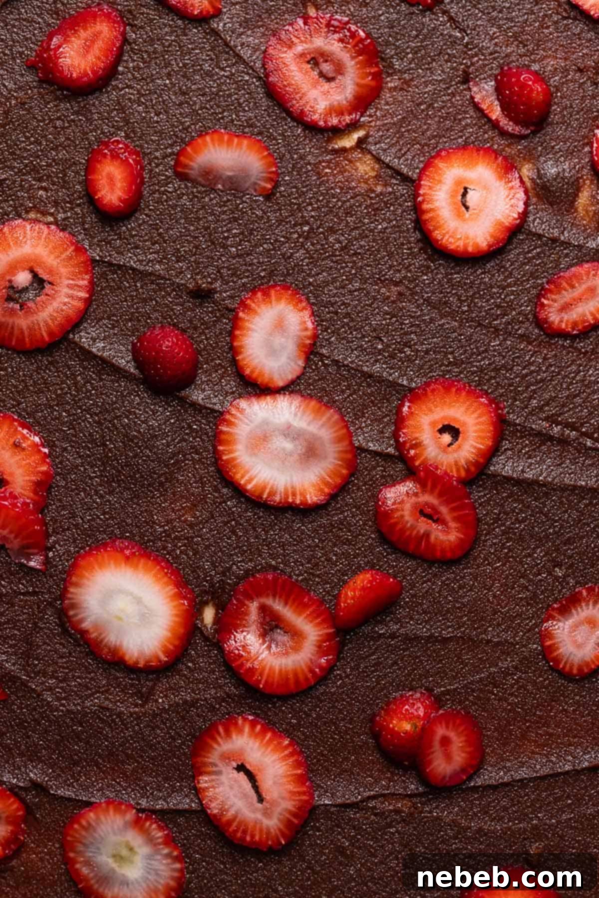 Chocolate filling spread across the cinnamon roll dough with fresh sliced strawberries scattered on top for Neapolitan flavor.