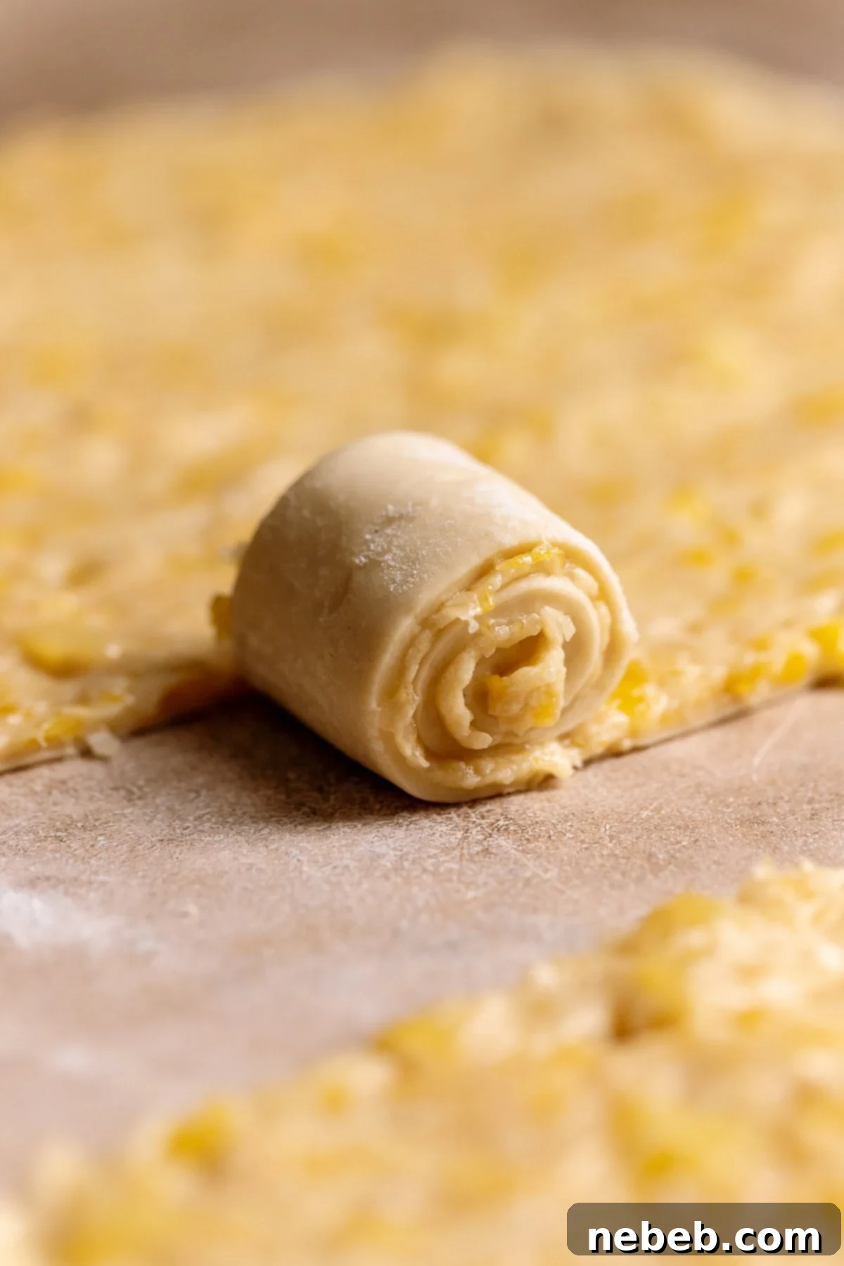 A strip of dough being rolled up into a cinnamon roll.