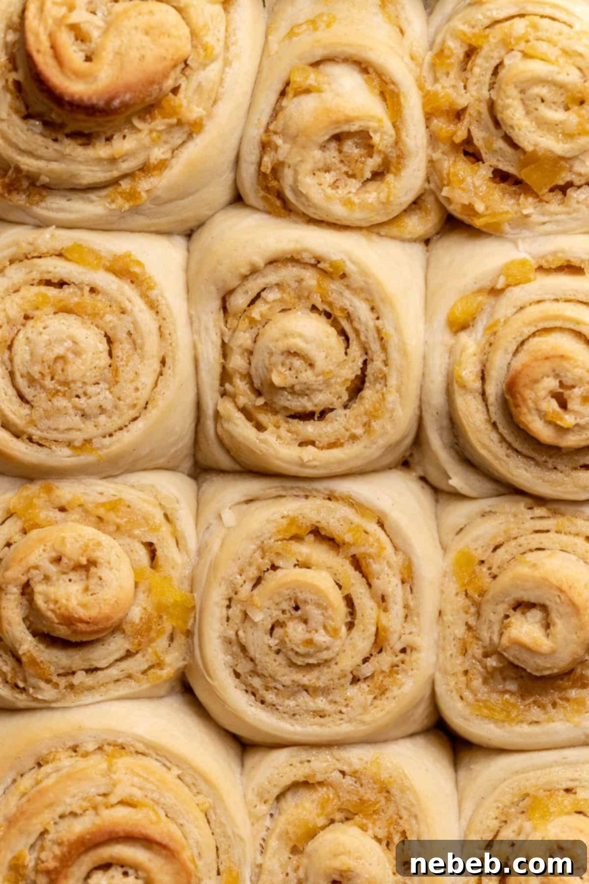 The baked pina colada rolls in a baking pan.