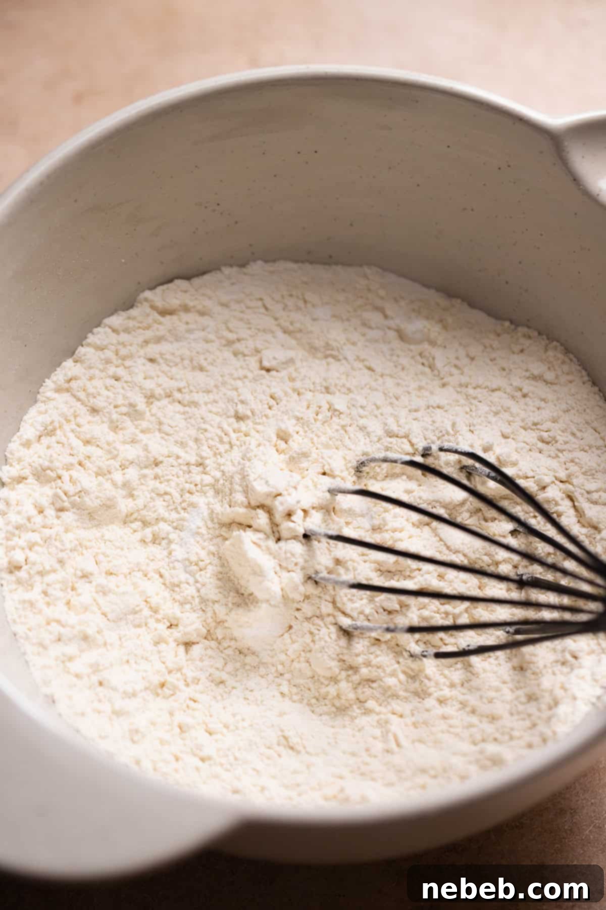 Dry ingredients in a bowl being whisked together, showing flour, baking powder, baking soda, and salt.