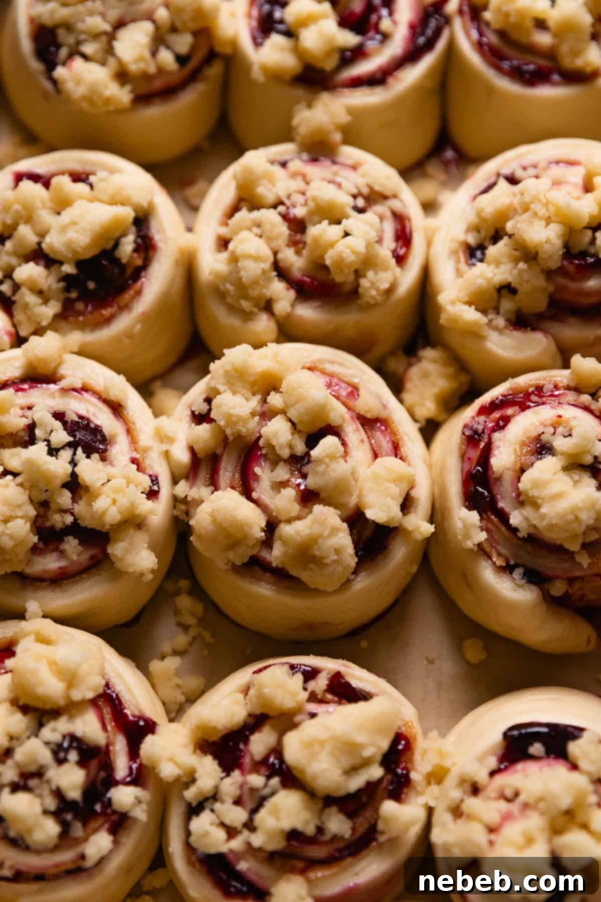 Unbaked cherry cinnamon rolls in a metal baking pan, topped with pie crumbs.