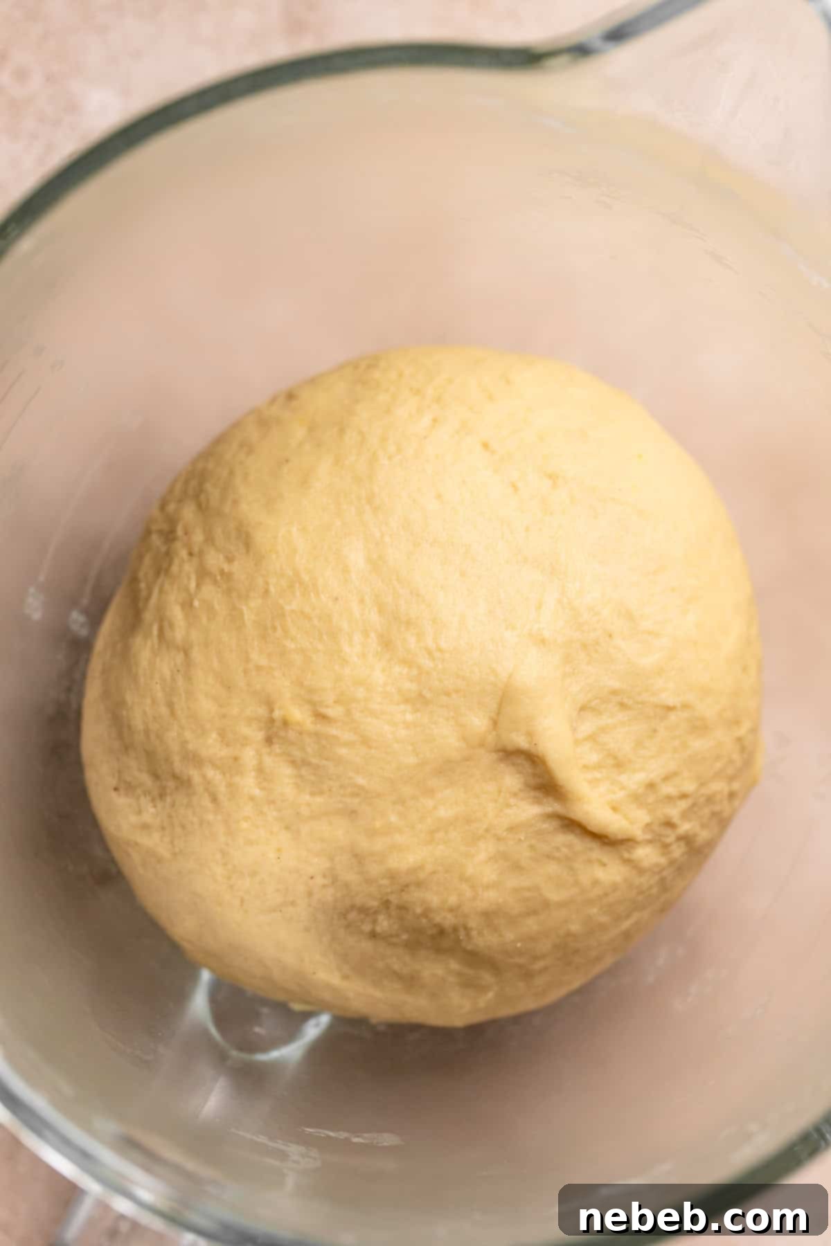 Cherry cinnamon roll dough shaped into a ball in a mixer bowl.