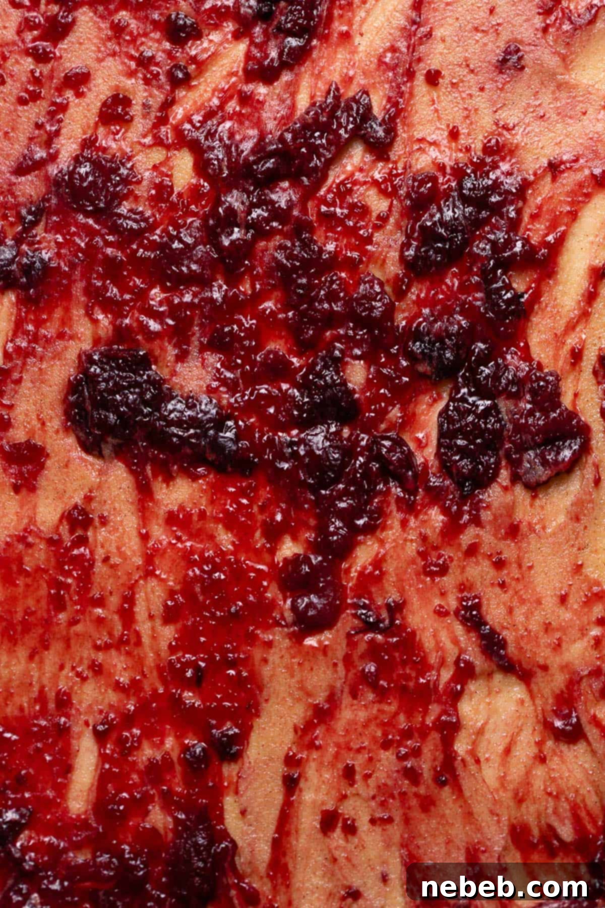 Cherry pie jam spread over the surface of the cinnamon roll dough.