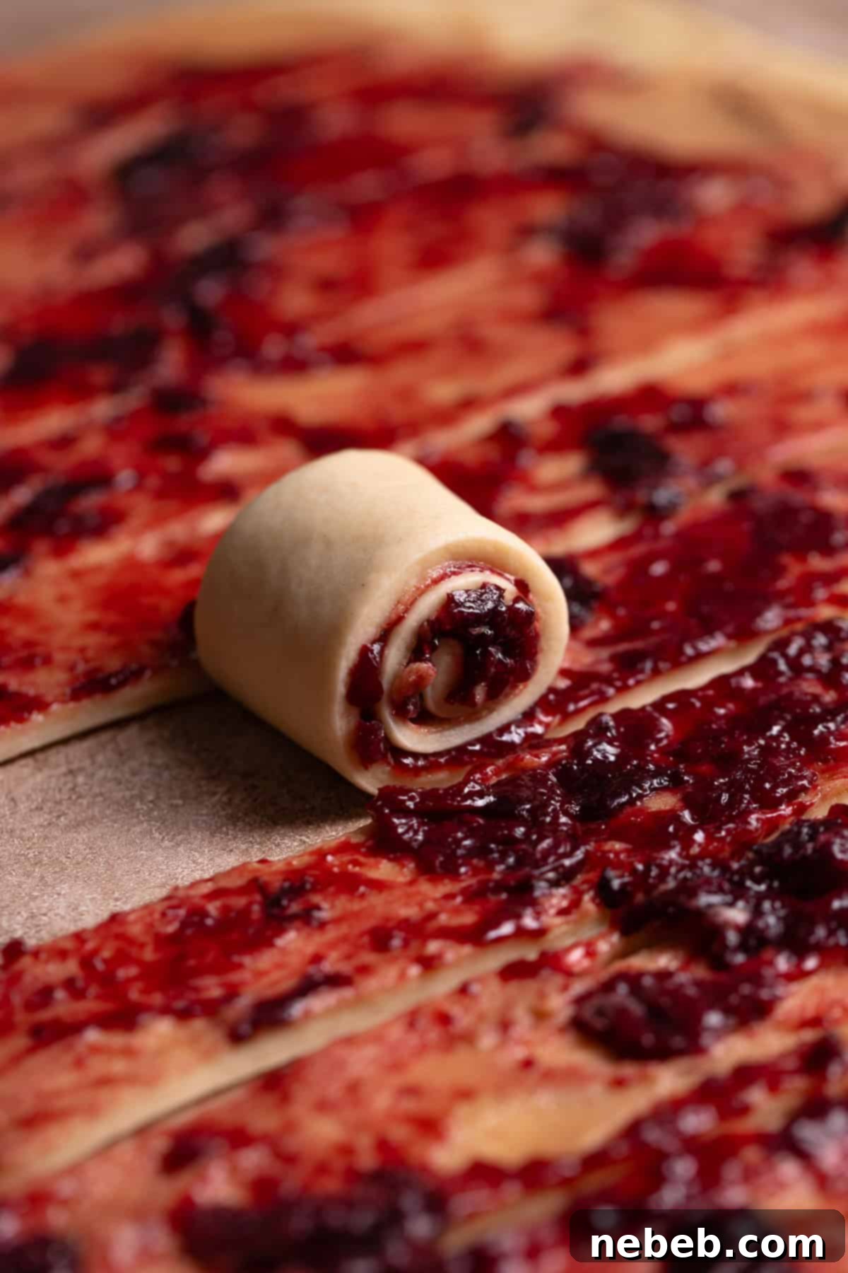 A strip of cherry cinnamon roll dough being rolled up into a roll.