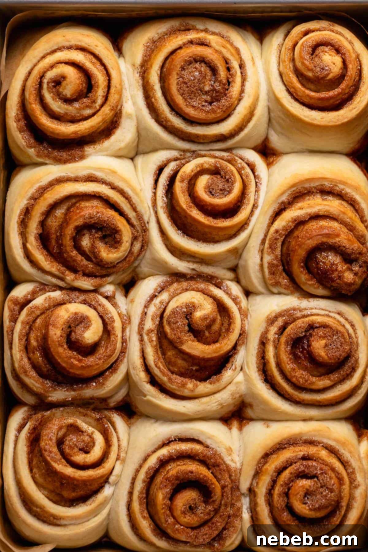 The baked cinnamon rolls before flipping upside down.