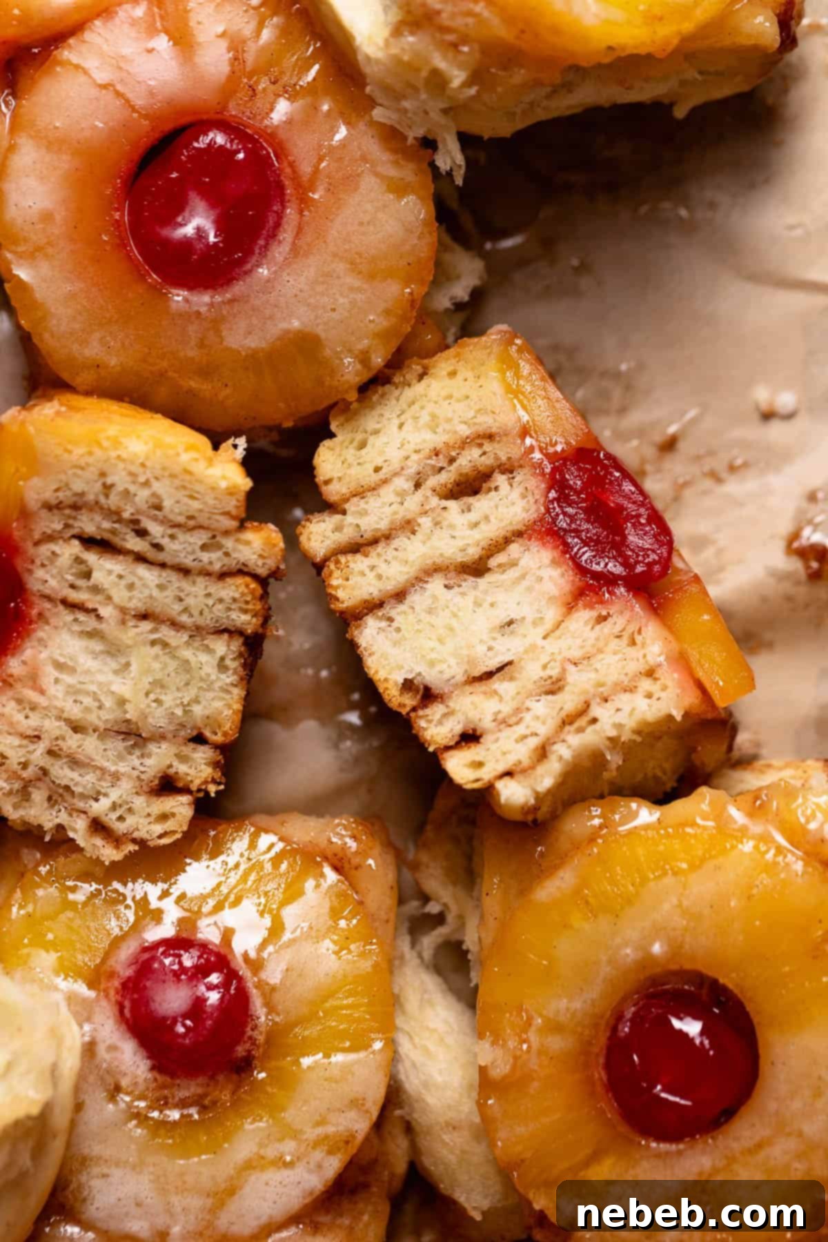 Pineapple upside down roll cut in half on a baking sheets with other rolls.