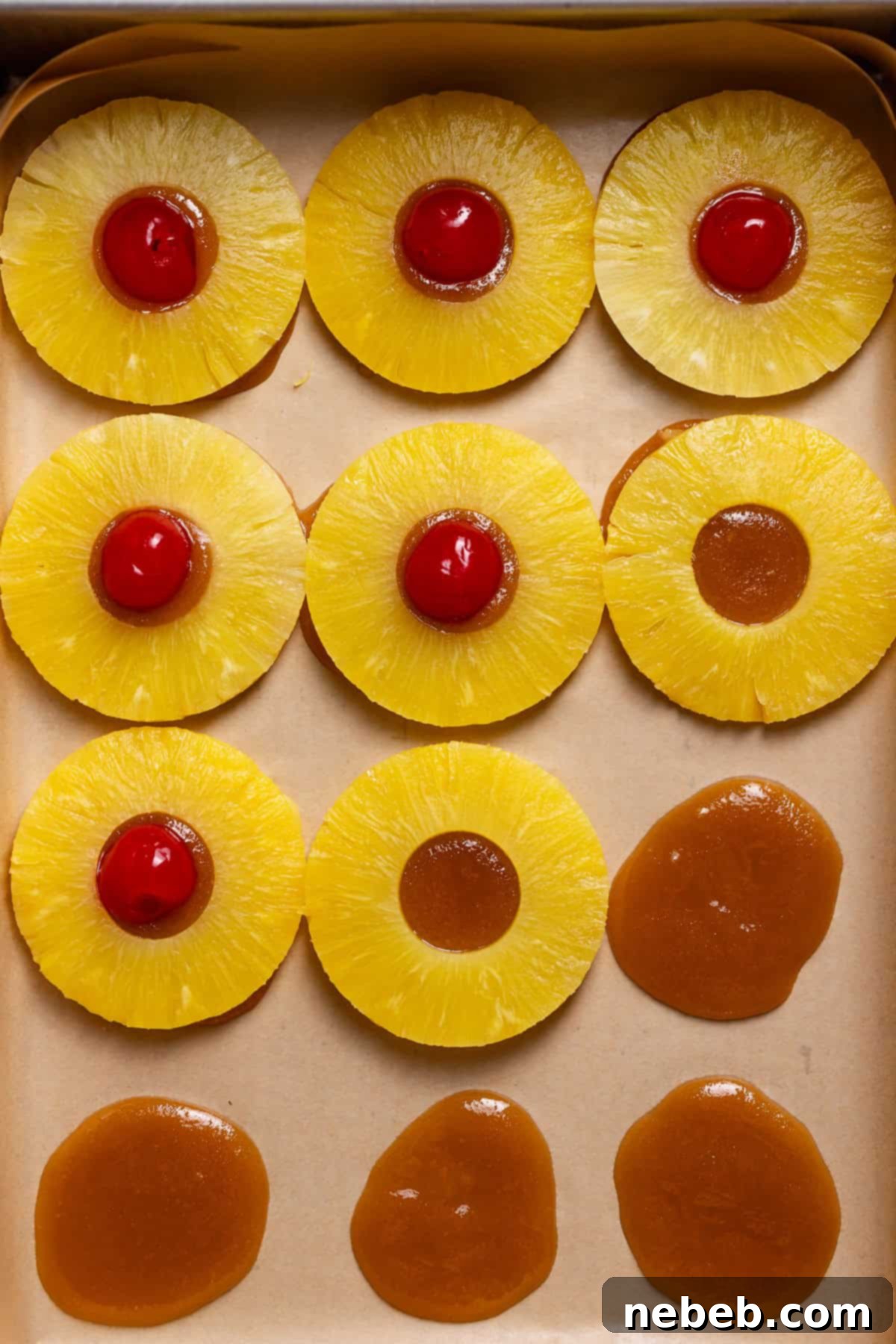 The bottom of a baking dish with the caramel, pineapple slices, and cherries being layered.